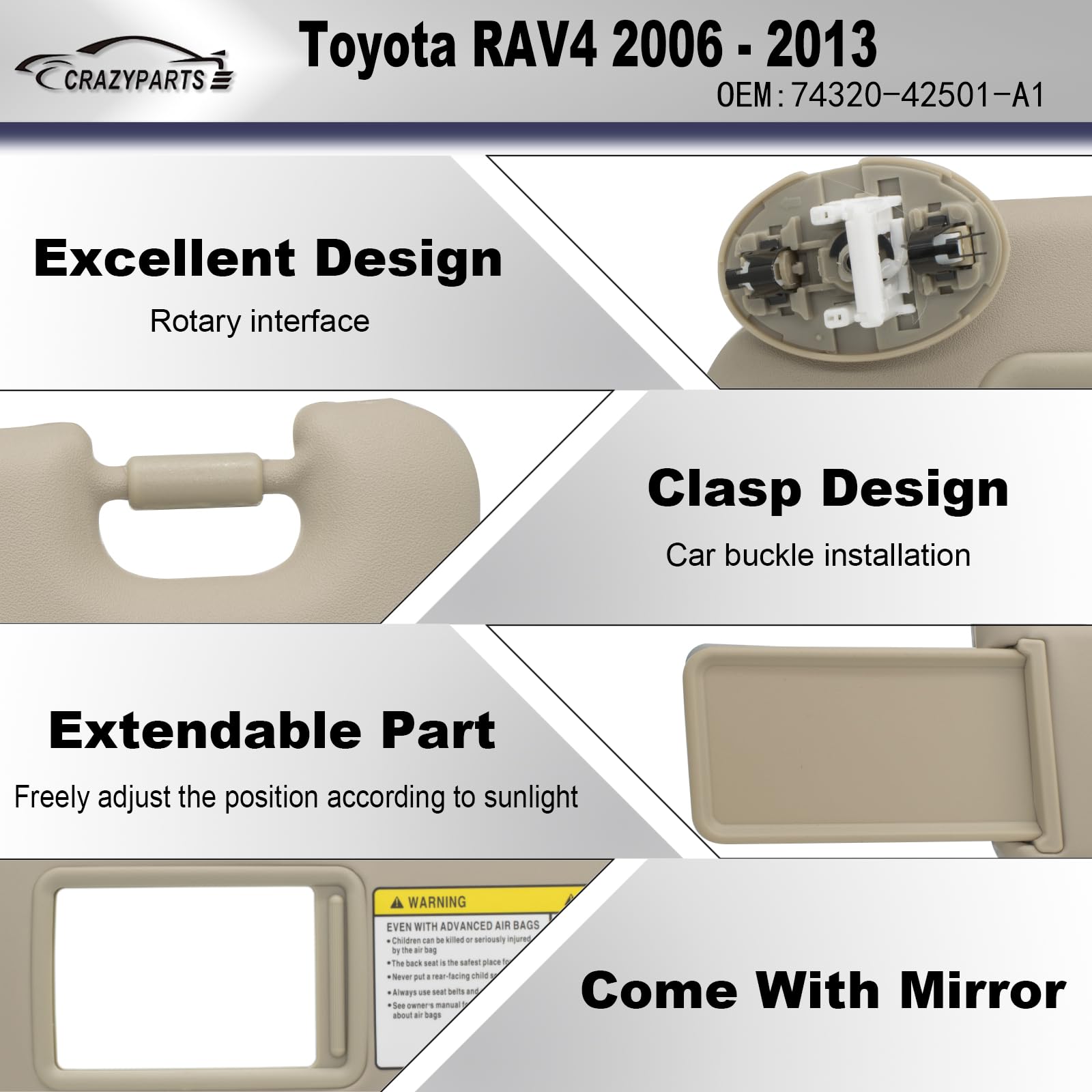 CRAZYPARTS Driver Left Side Sun Visor for Toyota RAV4 2006-2013, Beige, Model 74320-42501-A1, Plastic Material
