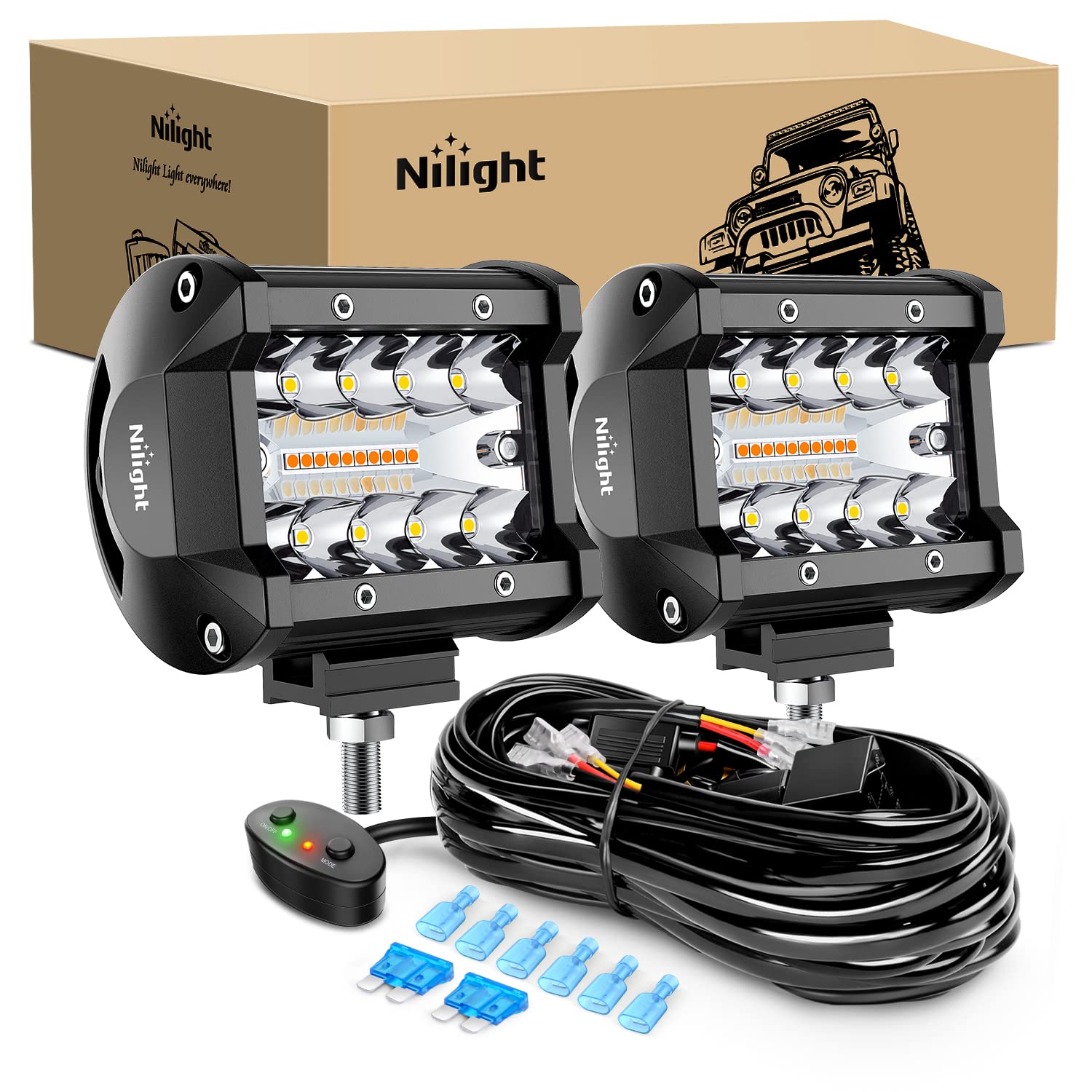 Nilight 2Pcs 4Inch 60W Led Pods Spot Flood Amber White Light Bar Strobe 6 Modes Memory Function Off-Road Truck Car Atv Suv Cabin