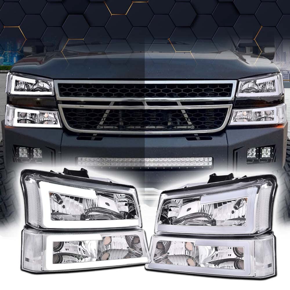 Pit66 Led Headlight, Compatible With 03-06 Chevy Silverado 1500 2500 3500 Hd Model/03-06 Avalanche 1500 2500(Fit No Cladding Only) Clear Lens Chrome Housing Clear Corner