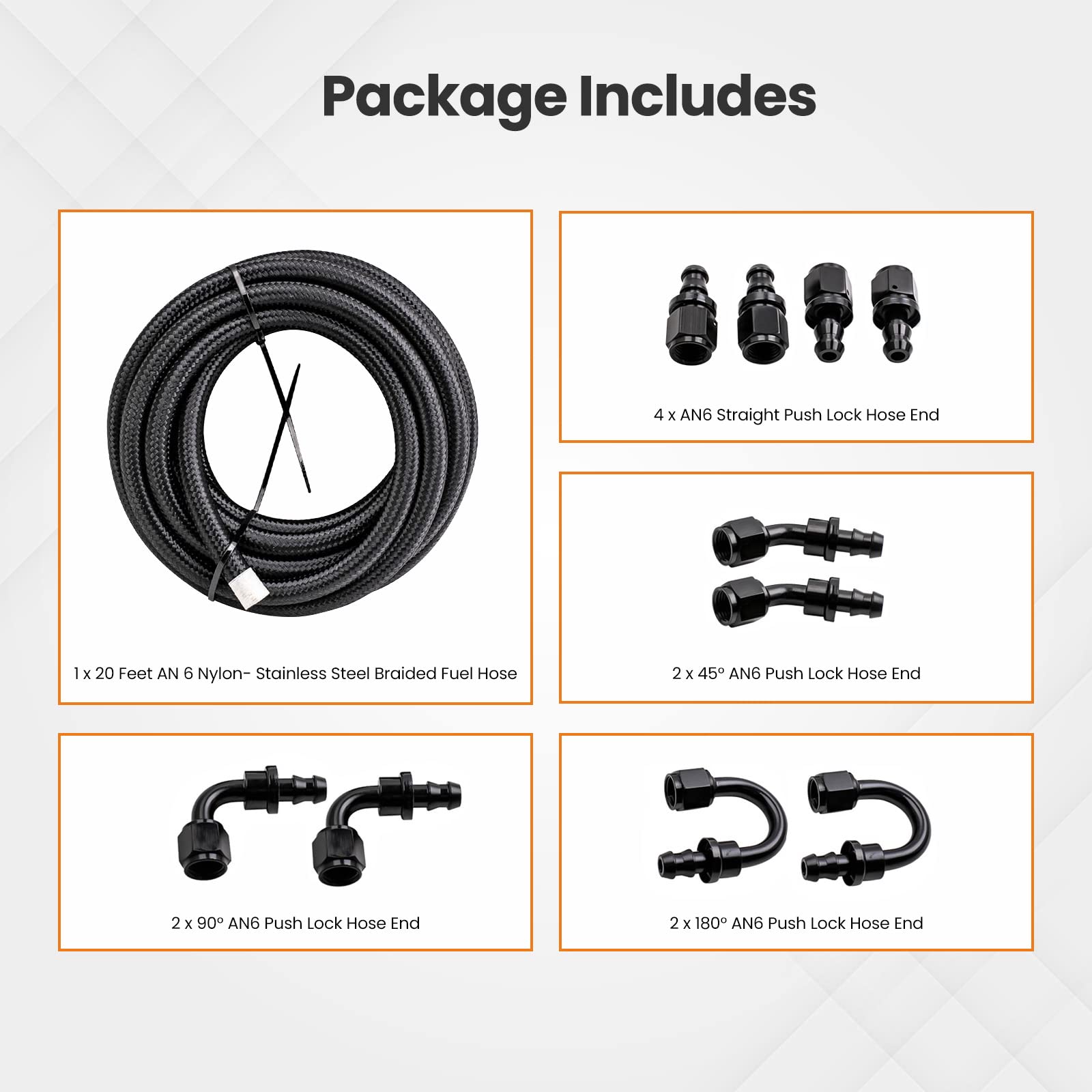 Maxpeedingrods 6An 20Ft Fuel Line Kit, 3/8' Gas Oil Line Hose, An6 Transmission Cooler Lines, Cpe Nylon Stainless Steel Braided+ -6An Push Lock Fitting Hose End 10Pcs