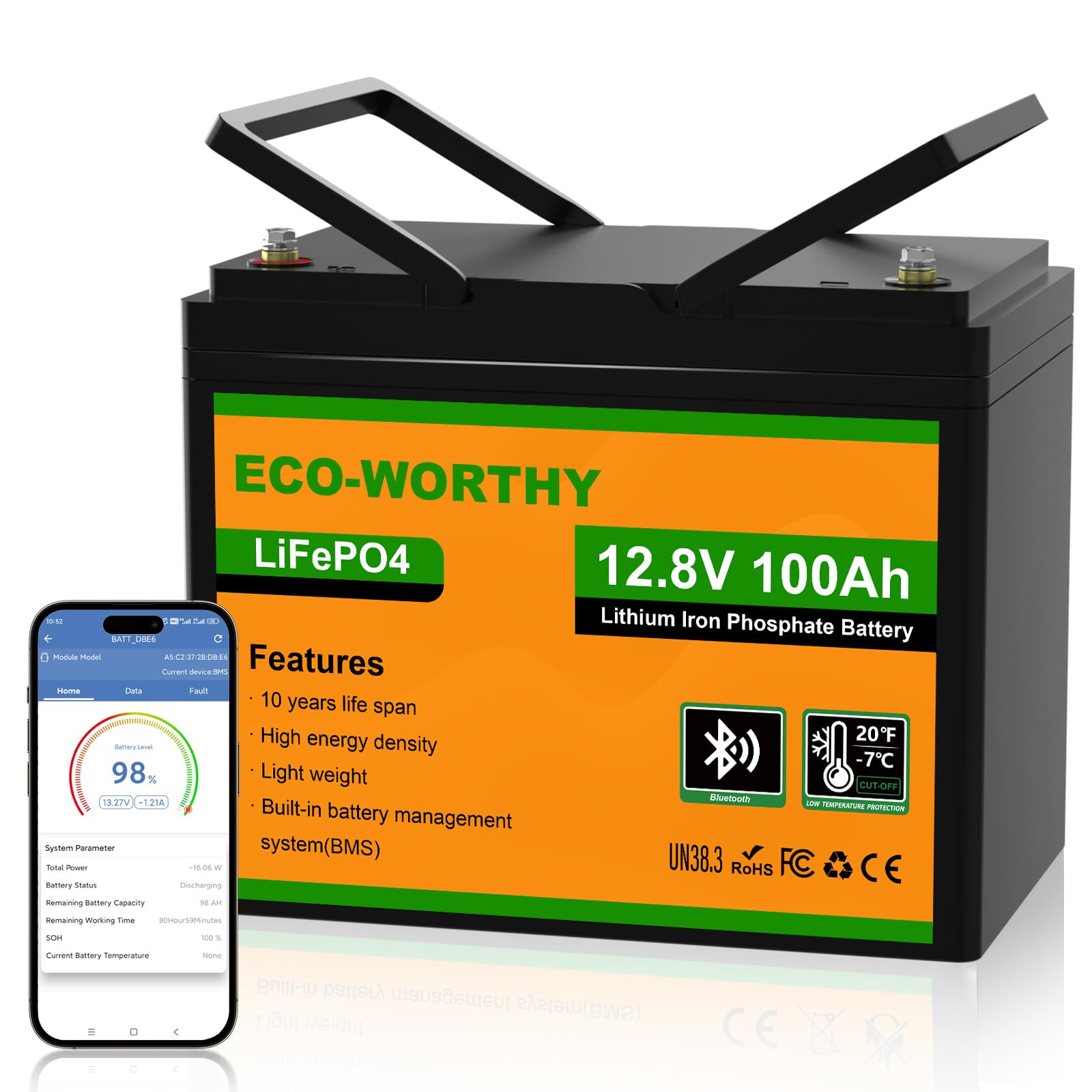 Eco-Worthy 12V 100Ah Lifepo4 Lithium Battery With Bluetooth, Max.1280Wh Energy, Low Temperature Protection, Group 24, Built-In 1