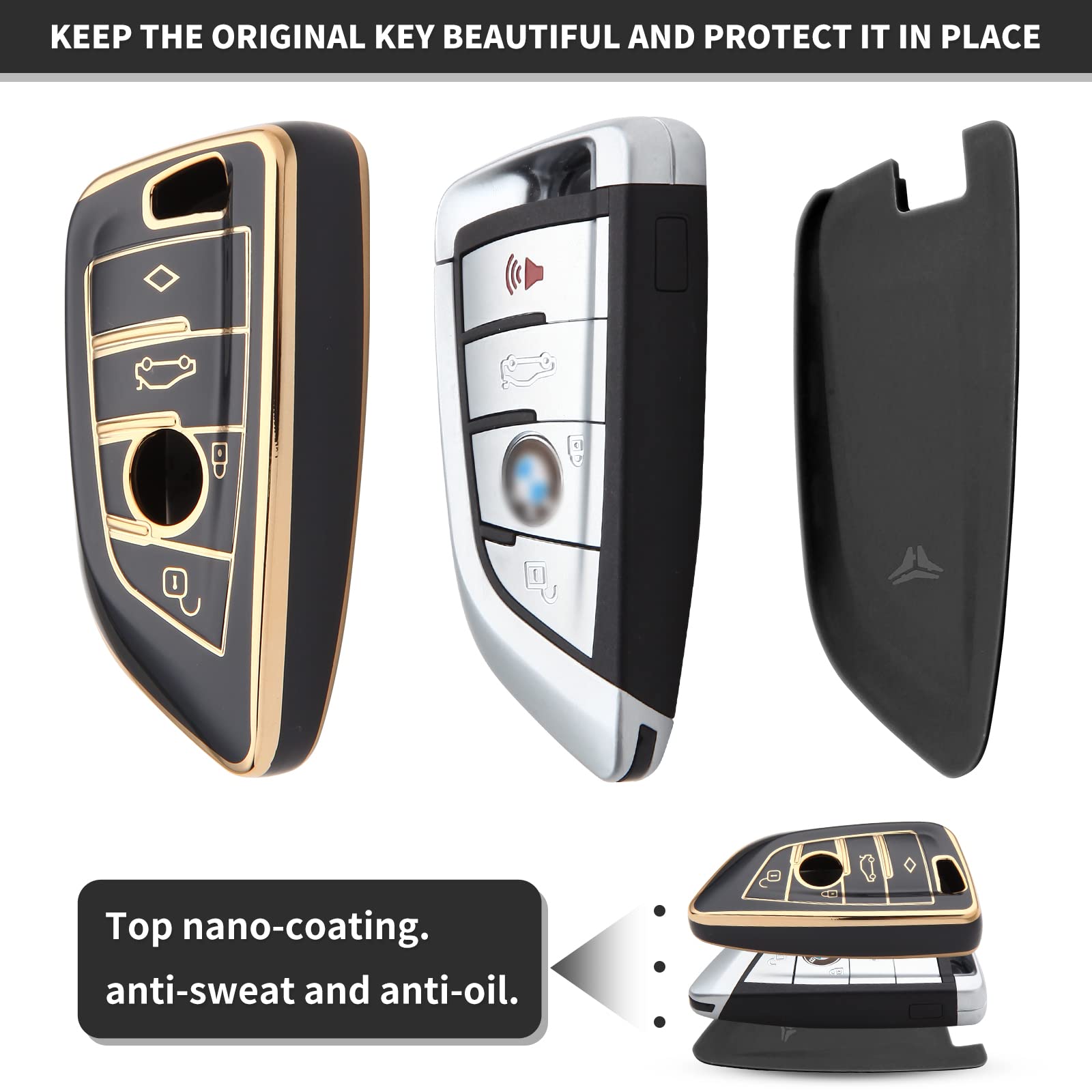 QfungYe Compatible For BMW 2 3 5 6 7 X1 X2 X3 X4 X5 X6 Series Wristlet Key Fob Cover,Anti-Fingerprint Special TPU Key Case,For W