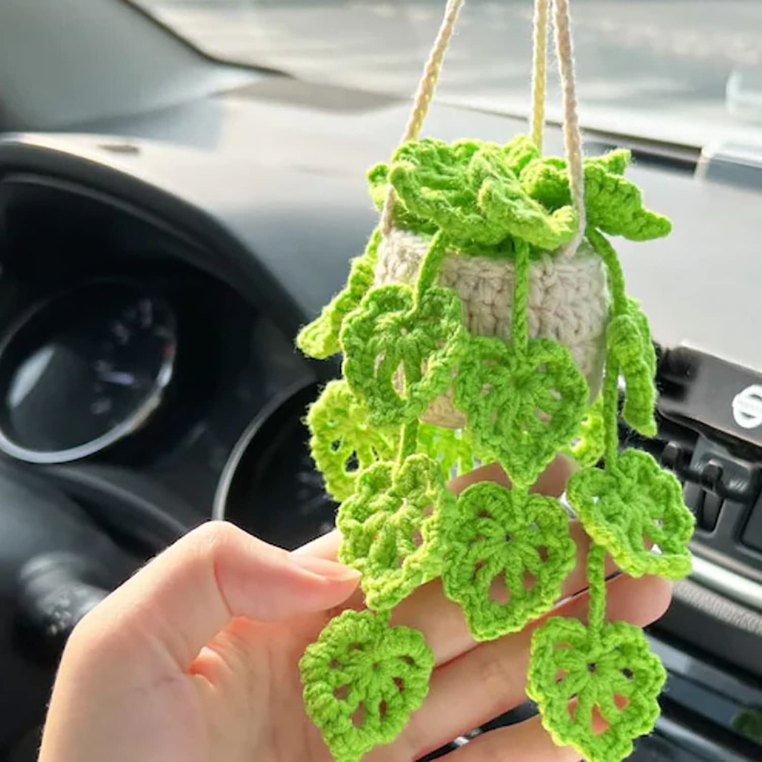 Crochet Hanging Plant For Car, Cute Car Plant Accessories, Knitted Plant Car Mirror Hanger, Boho Car Plant Crochet Hanging Basket (A)