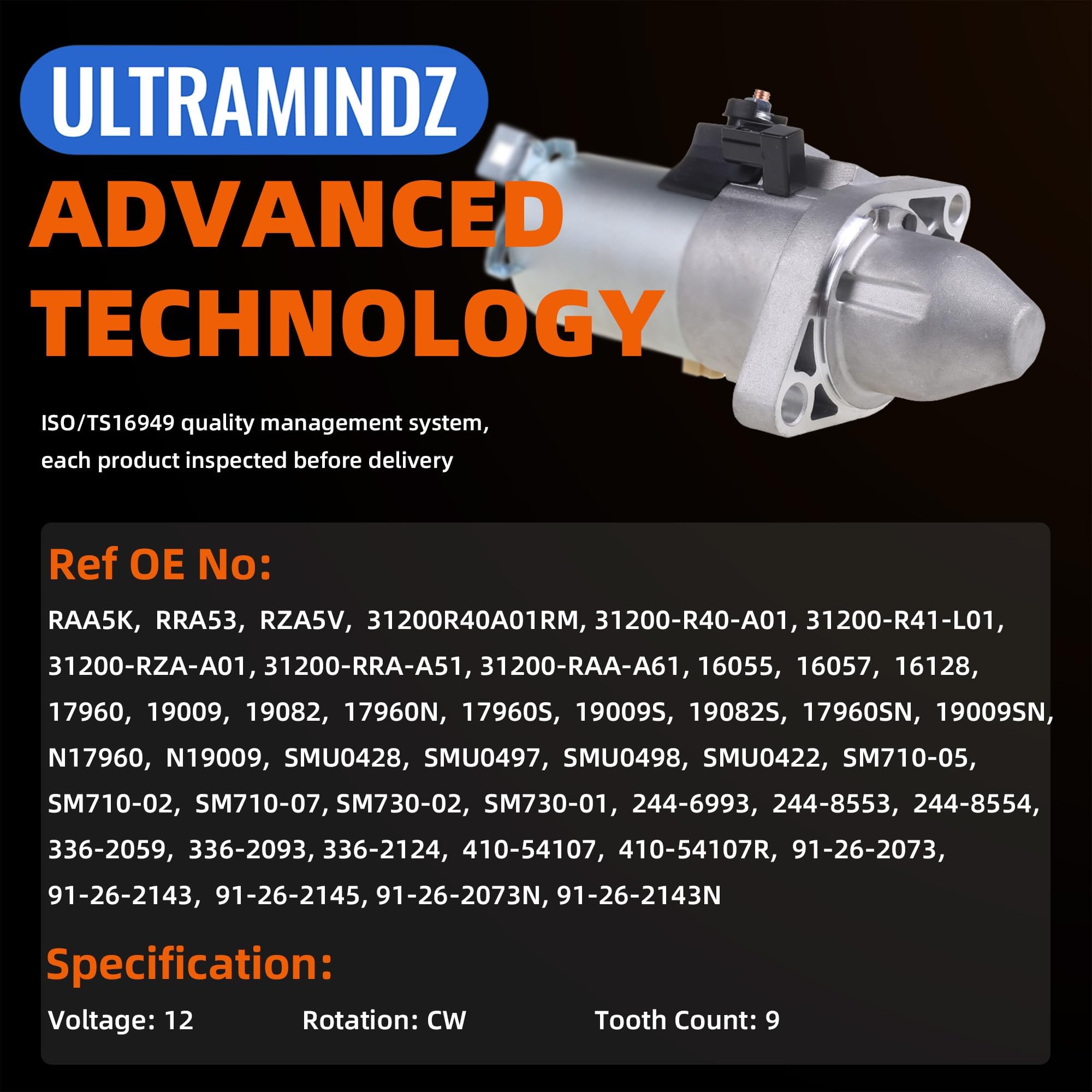 Starter for Honda CR-V Element 2.4 2007-2011/ Accord 2.4 2006-2012/ Civic Si 2.0 2006-2011/ for Acura CSX 2.0 2006-2008 / TSX 2.