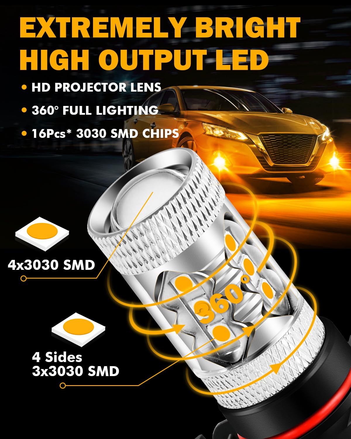 Auxbeam 5201/5202/9009 Fog Light Bulbs 3500K Amber Yellow, High Power 50W 8000Lm Super Bright, 360-Degree Illumination, Fog Lamp