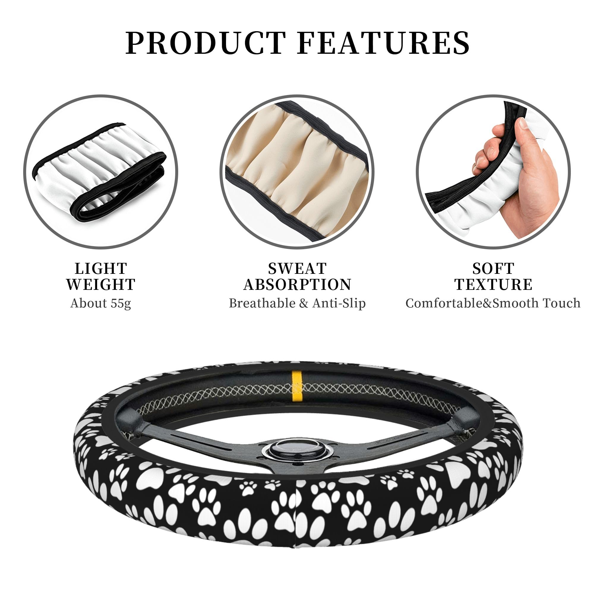 Lovely Black White Dog Paws Print Steering Wheel Cover Anti-Slip Universal 15 inch Cute Car Steering Wheel Cover for Women Girls