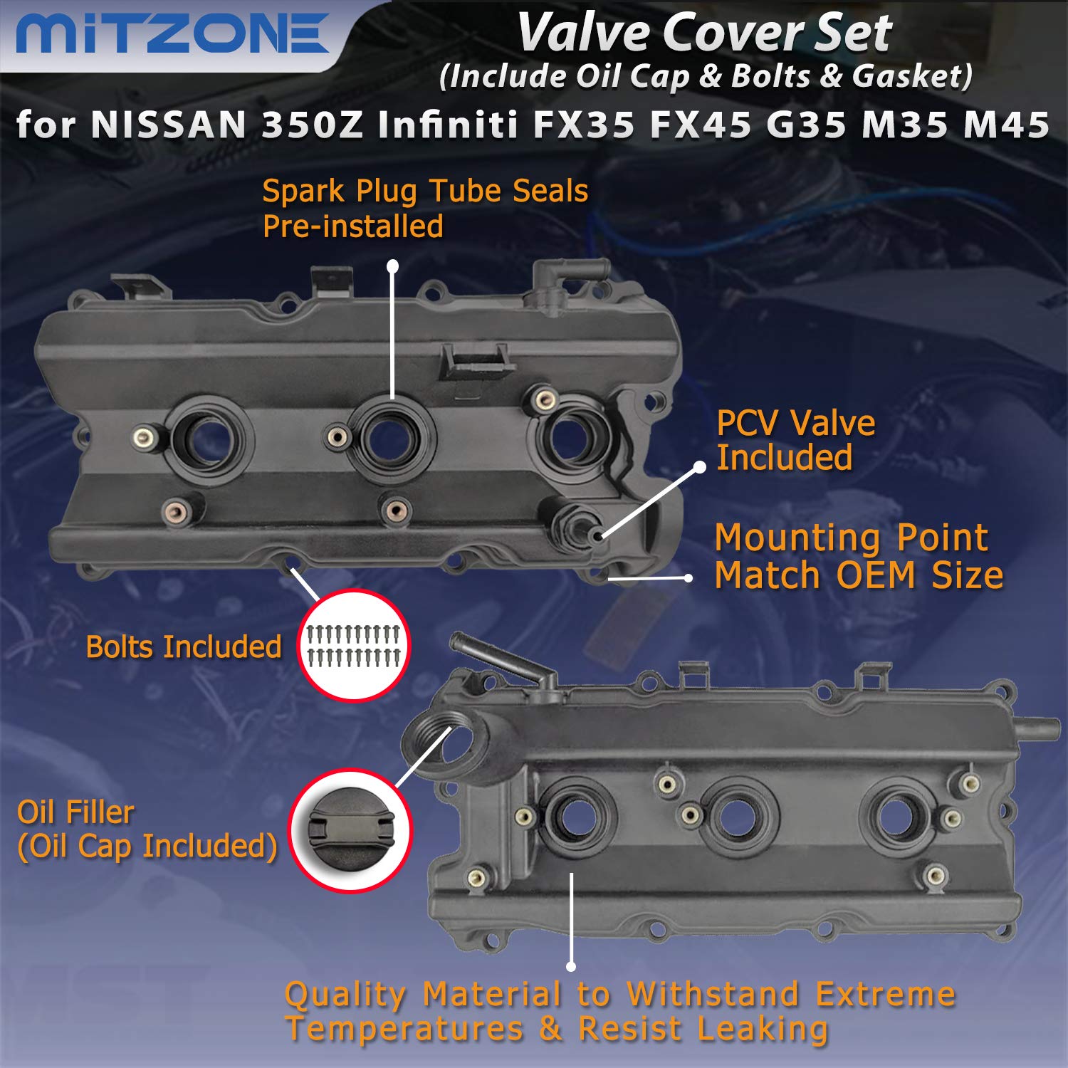 Mitzone Engine Valve Cover Set With Bolts & Oil Cap & Gaskets & Spark Plug Tube Seals & Pcv Valve Compatible With 2003-2008 Niss