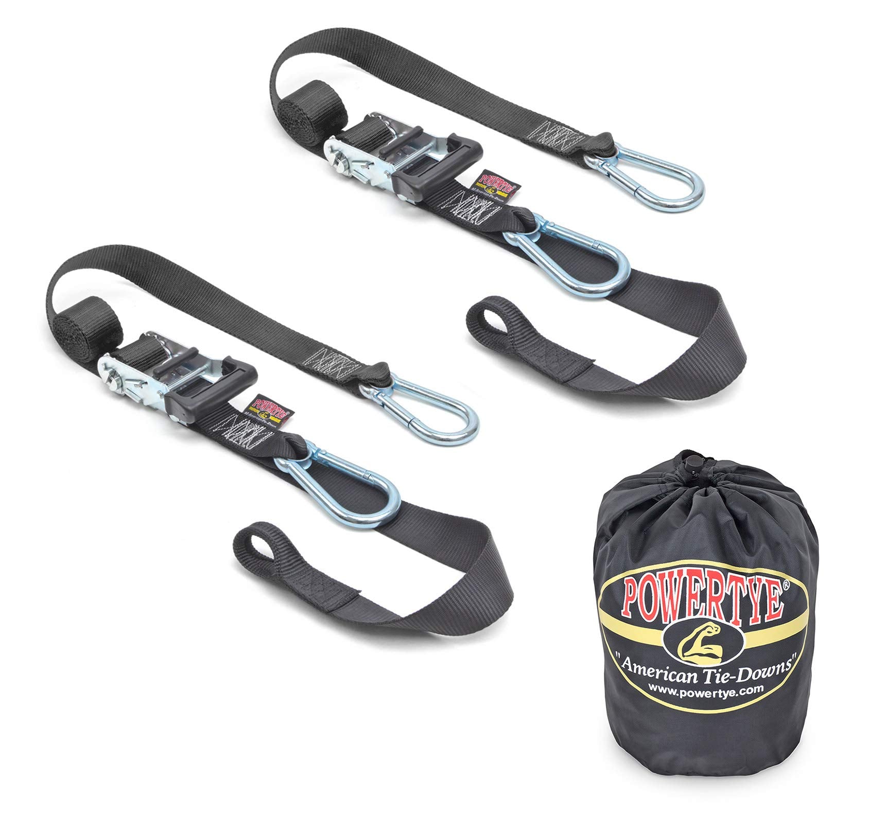 Powertye 1.5In X 6.5Ft Heavy Duty Ratchet Tie-Down Straps With Soft-Tye, Carabiner Hooks - 1,000 Lb Working Load Limit / 3,000 L