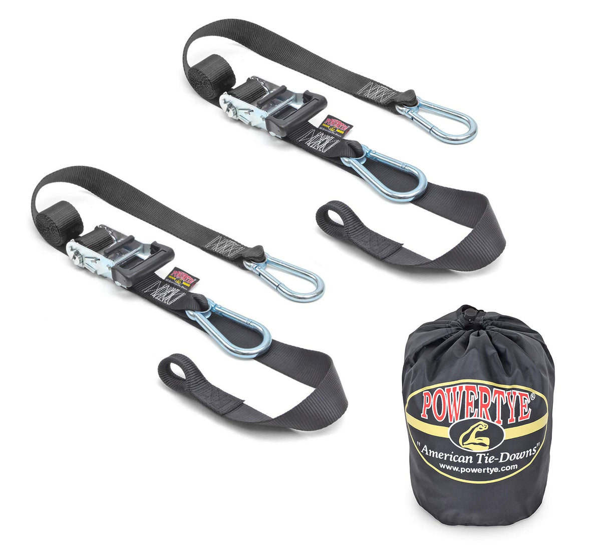 Powertye 1.5In X 6.5Ft Heavy Duty Ratchet Tie-Down Straps With Soft-Tye, Carabiner Hooks - 1,000 Lb Working Load Limit / 3,000 L