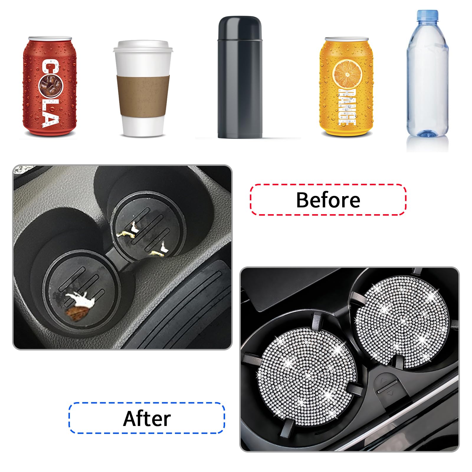 COCASES 4 Pack Bling Car Coasters, Car Cup Holder Coaster, Rhinestone Coaster for Cup Holders, Silicone Car Coasters for Women C