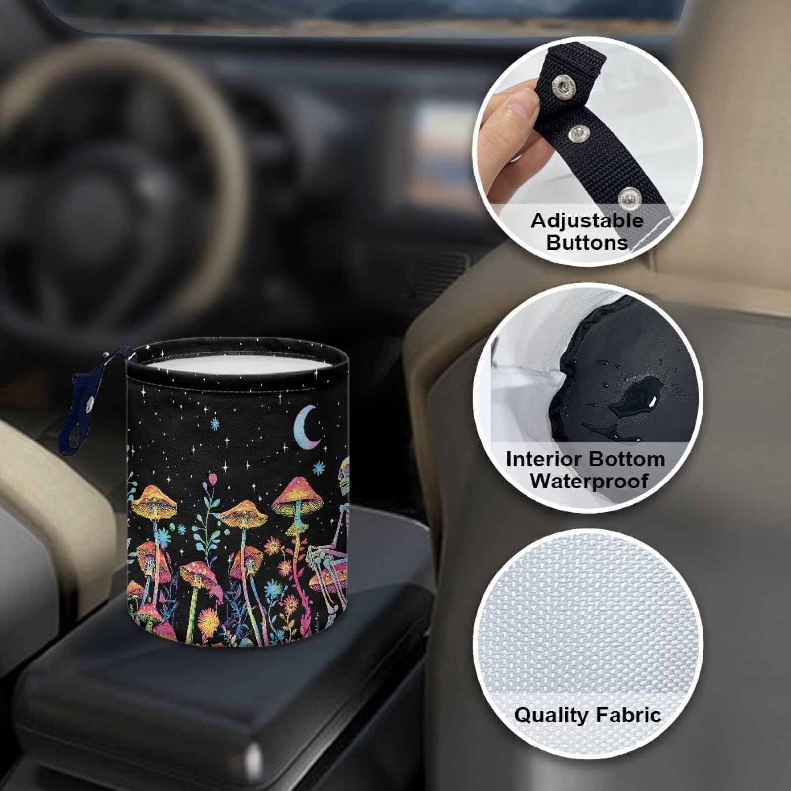 Brosoneto Mushroom Skull Car Trash Bag - Portable Garbage Bin for Front Seat, Back Seat, Floor - Universal Collapsible Easy to C