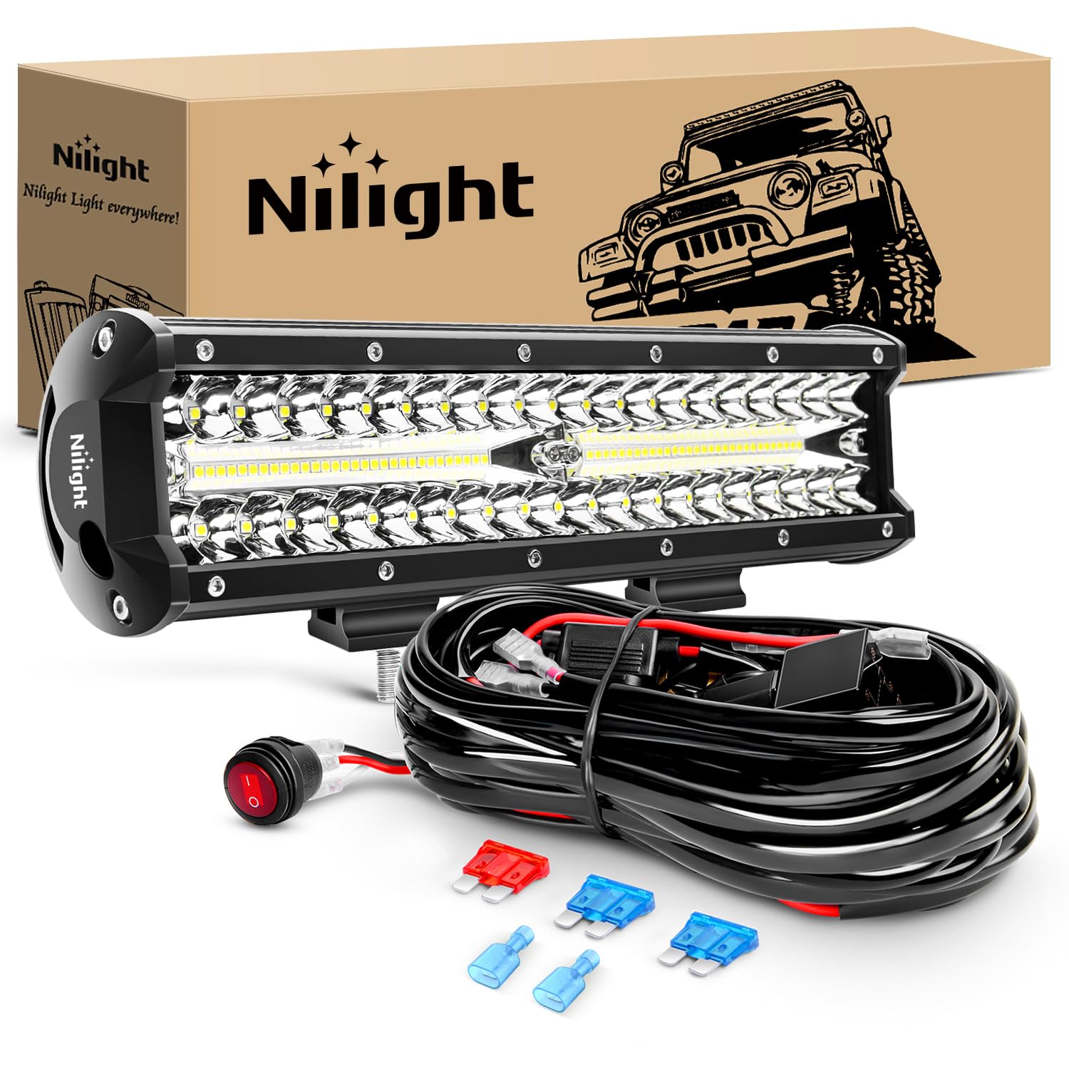Nilight Zh411-A 12Inch 12 Inch 300W Triple Row Flood Spot Combo 30000Lm Led Off Road Lights For Trucks With 16Awg Wiring Harness