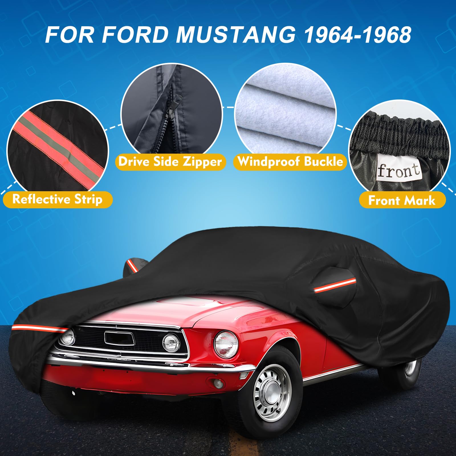 QUNSUNUS 6 Layer Car Cover for Ford Mustang 1964-1968 Waterproof All Weather 210D Windproof for Ford Mustang Car Cover Hail Prot