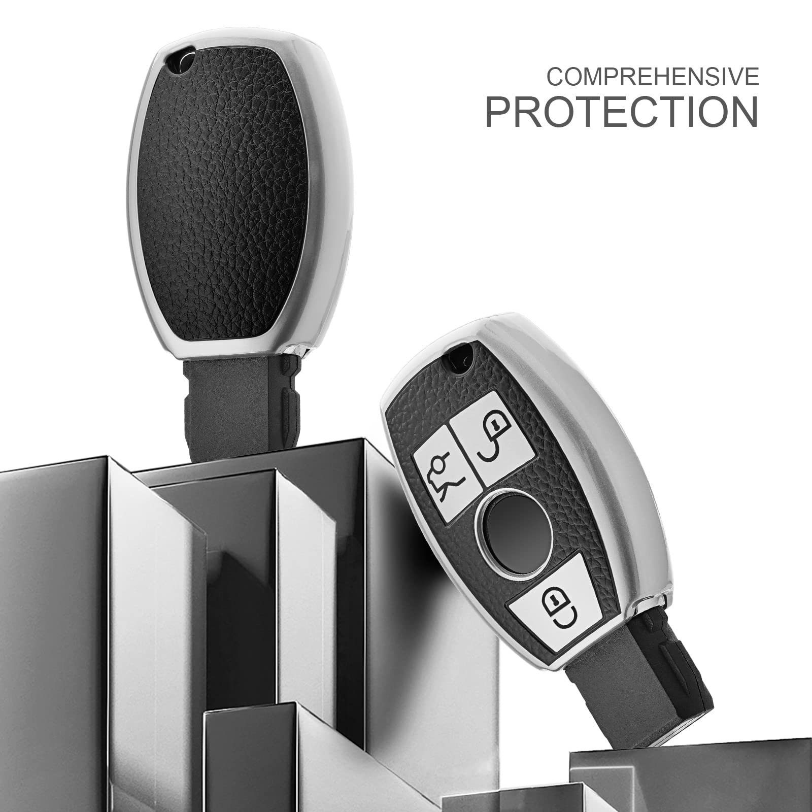 ELOHEI Mercedes Benz Key Fob Cover - Premium Soft TPU, Leather Texture Silver, Compatible with C E S M CLS CLK G Class Keyless Smart Key