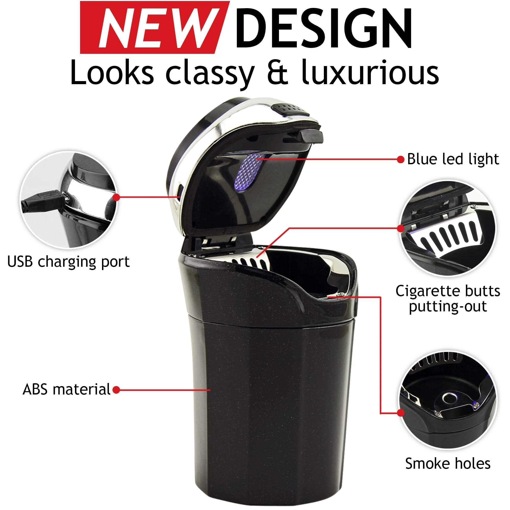 Takavu Car Ashtray (1-Pack), Easy Clean Up Detachable Stainless Car Ashtray With Lid Blue Led Light And Removable Lighter For Mo