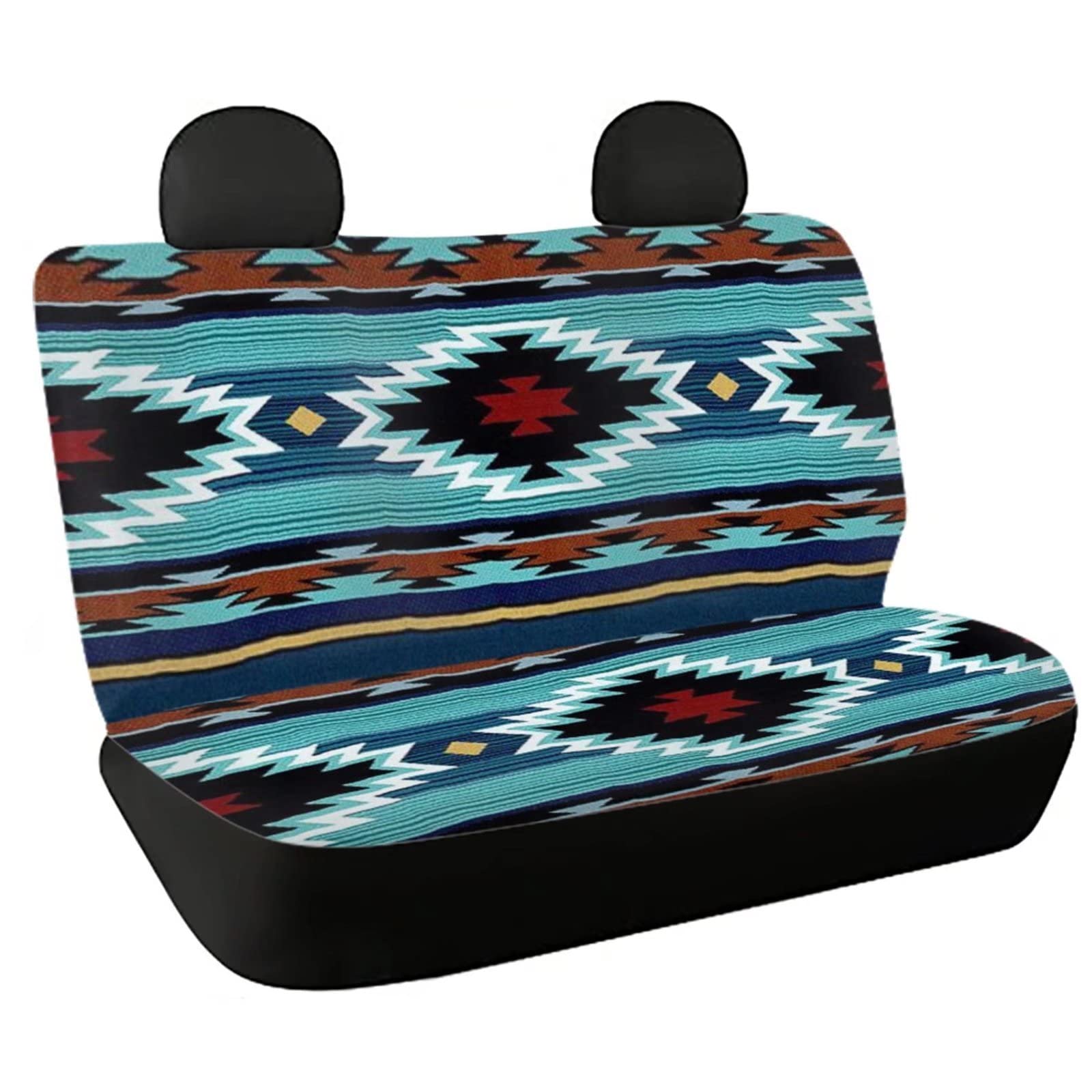 Wellflyhom Aztec Print Universal Rear Split Bench Seat Cover For Cars Truck Suv No Headrest Tribal Turquoise Geometric Stripe Design Back Seat Backrest Saddle Blanket Protector Set Of 2