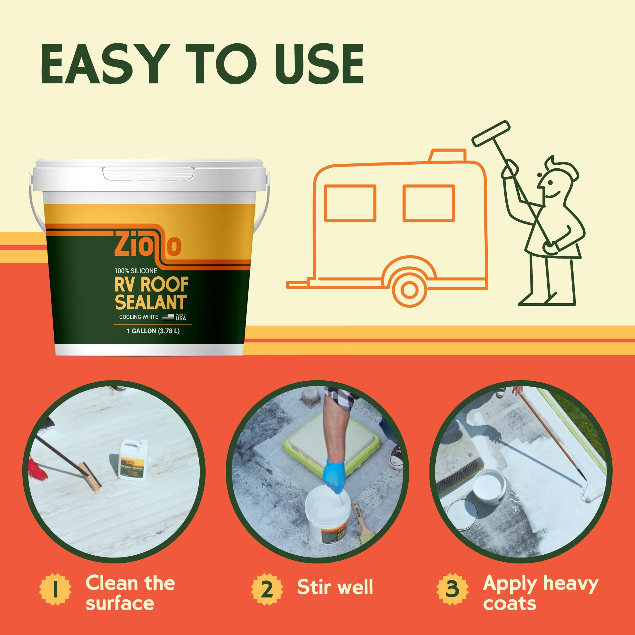 Ziollo Rv Roof Sealant - Leak Repair 100% Silicone Liquid Rubber - Premium Waterproof Coating For Campers, Pop Up, Motorhomes, A