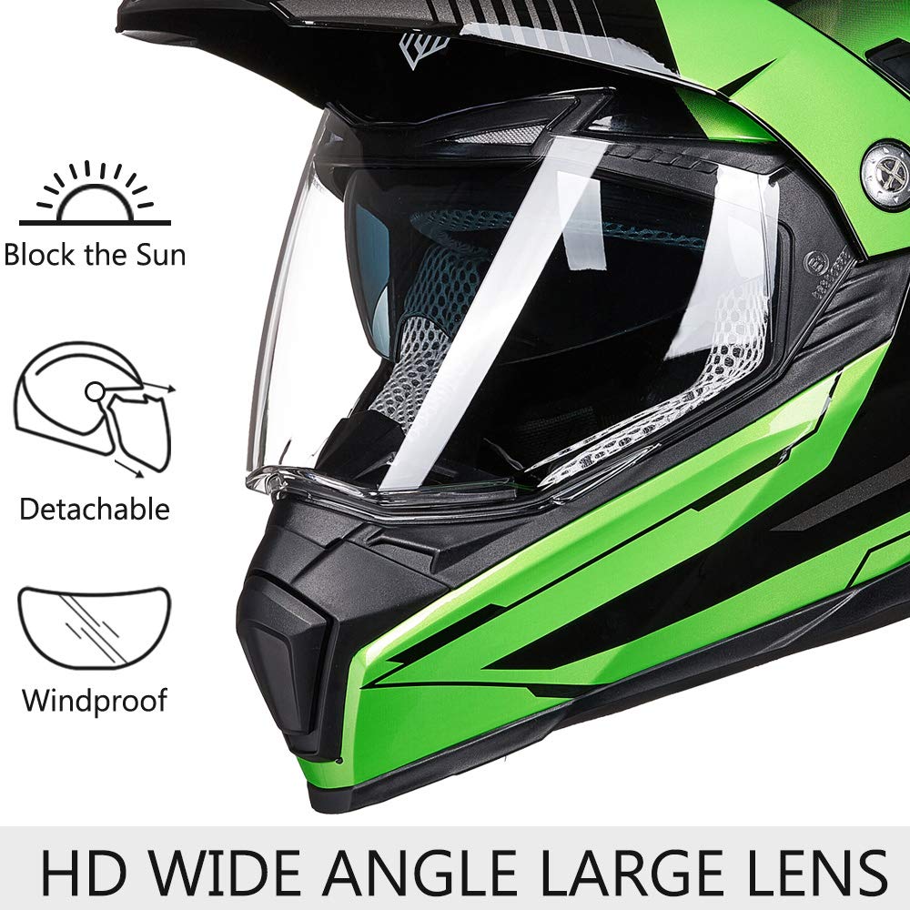 Ilm Off Road Motorcycle Dual Sport Helmet Full Face Sun Visor Dirt Bike Atv Motocross Casco Dot Certified Model 606V(Green, M)