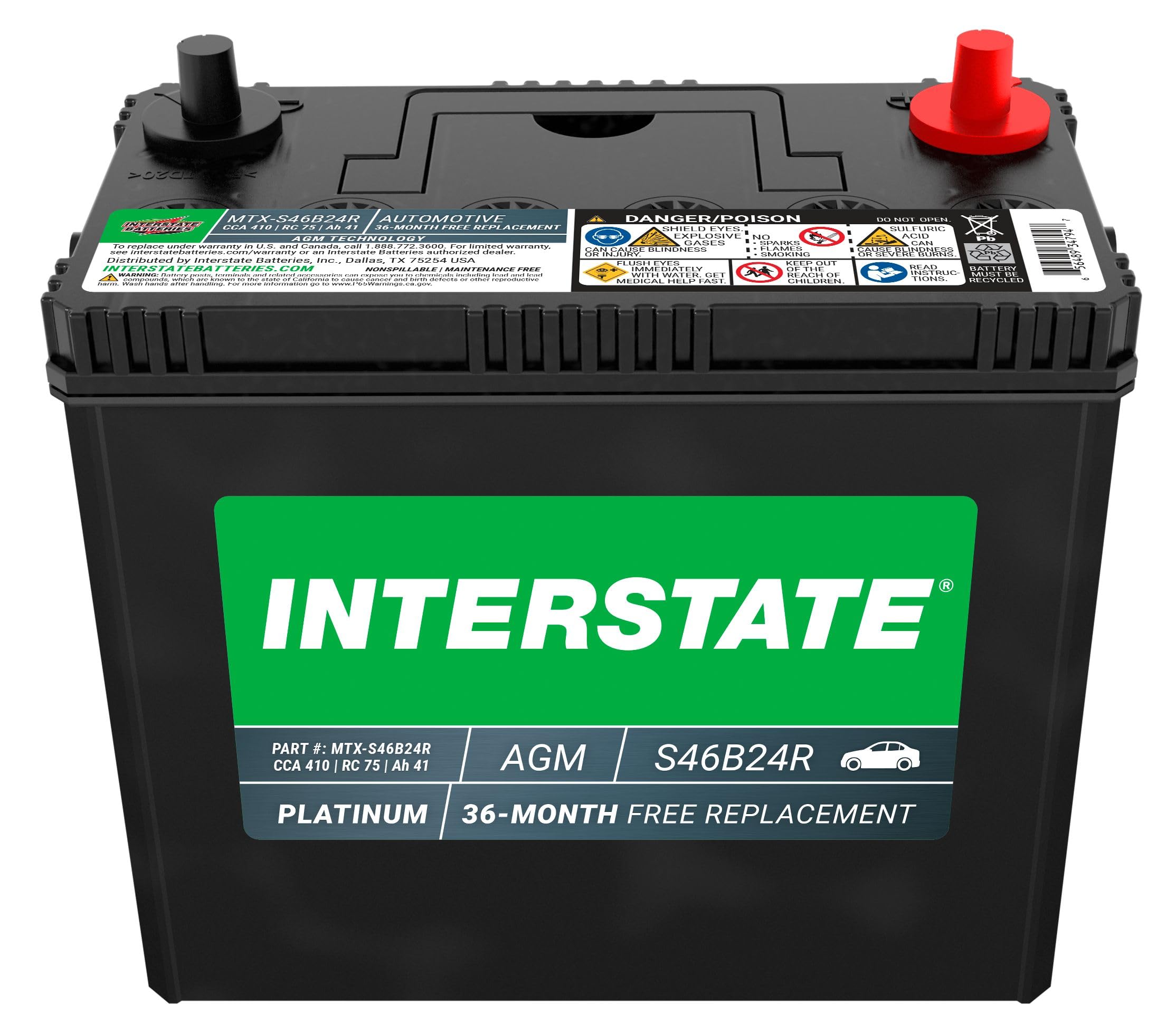 Interstate Batteries Group S46B24R AGM Car Battery Replacement (MTX-S46B24R) 12V, 410 CCA, 36 Month Warranty, Replacement Automo