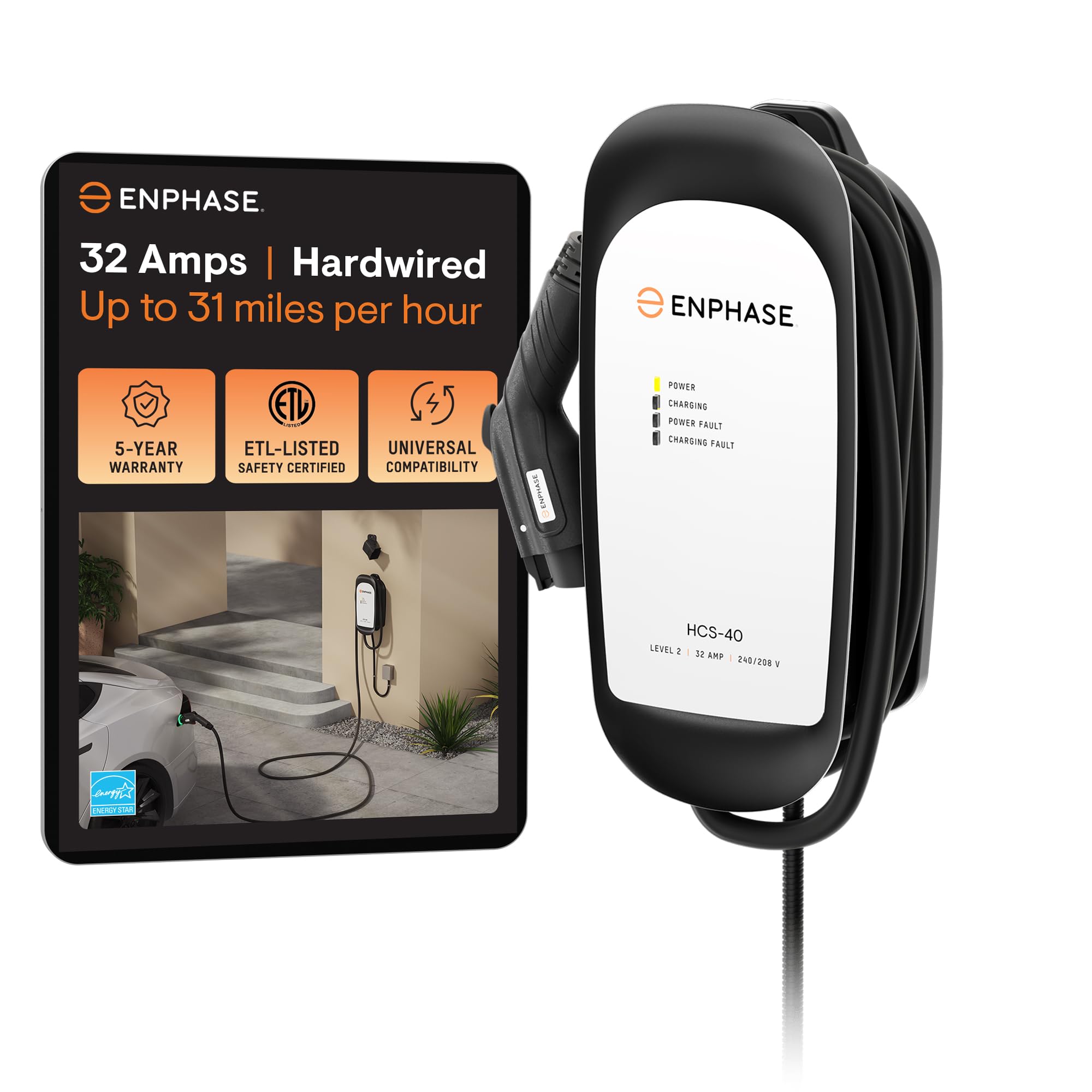 32 Amp Level 2 Ev Charger For Home, Enphase Hcs-50 (Formerly Clippercreek), Hardwired, 5-Year Warranty, 25 Ft Cable, J1772 Conne