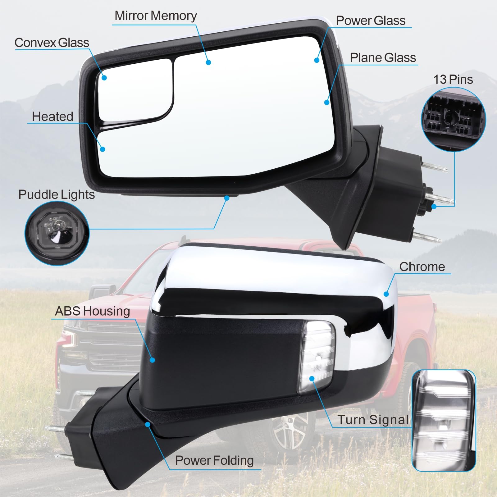 Lqito Left Driver Side Mirror Compatible With 2019-2024 Chevy Silverado 1500 With Power Glass Power Folding Heated Turn Signal P