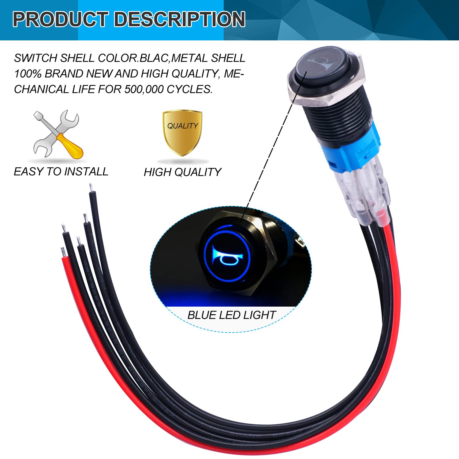 Twidec/16MM Raised Speaker Horn Momentary Push Button Switch 5/8'' Mounting Hole 12V Blue Led Light Black Stainless Steel Shell