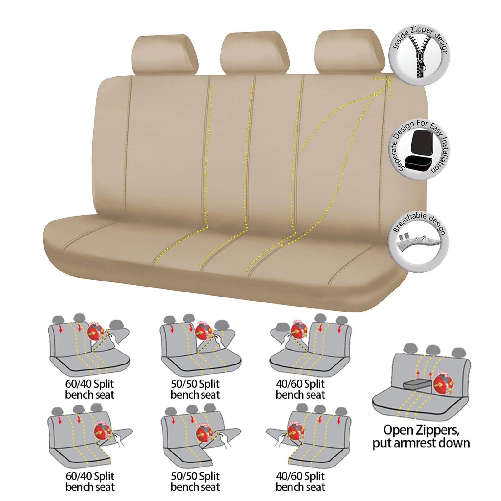 Flying Banner Rear Bench car seat Covers car seat Protectors Split 40/60 50/50 60/40 (Solid Beige, Value)
