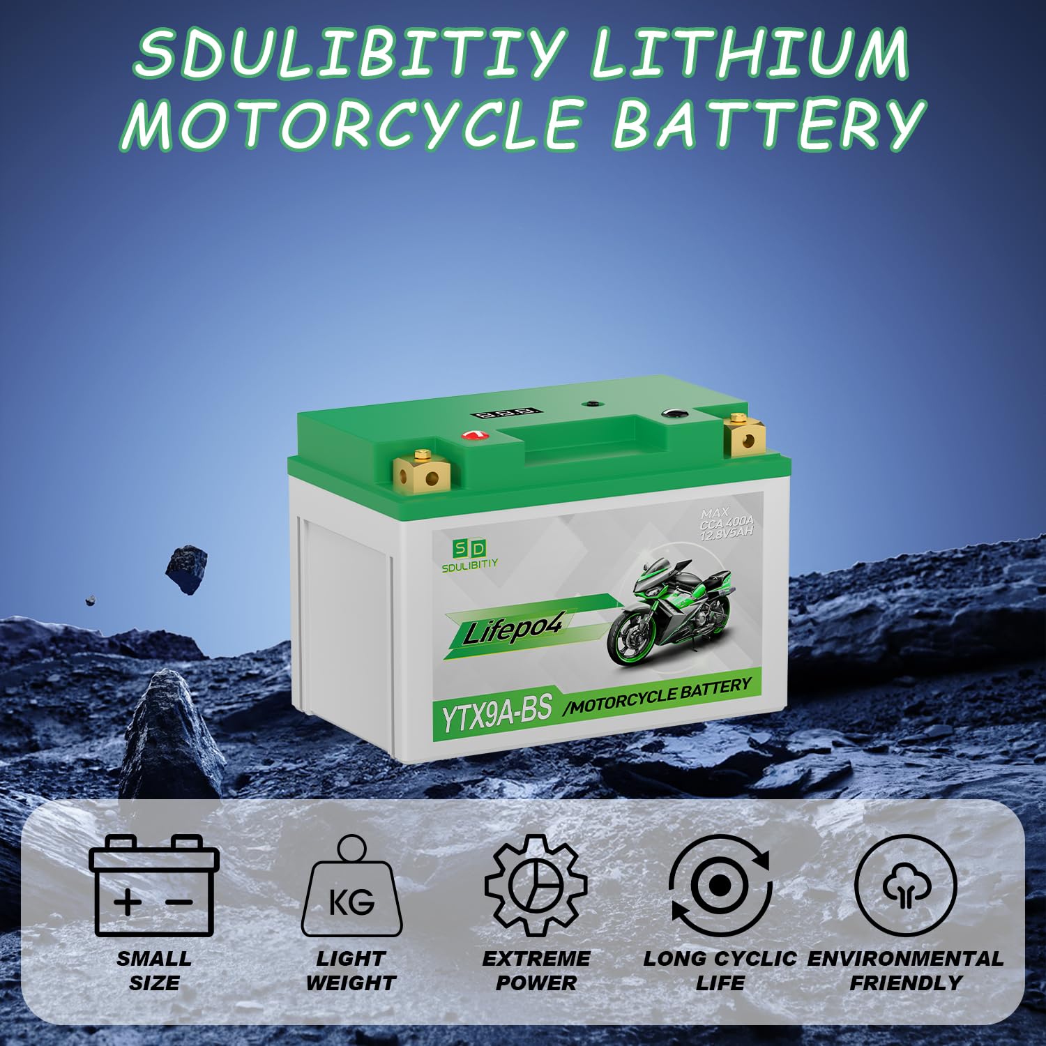 Lithium Motorcycle Battery, YTX9A-BS 12V5AH High Performance Power Sports, Compatible ATV, UTV, PWC, Seadoo, Polaris and Generat