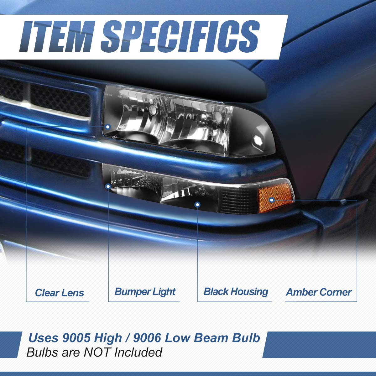 Auto Dynasty Headlights Assembly Bumper Lamps 4Pcs Factory Style Halogen Model Headlamps Replacement Compatible With Chevy S10 Blazer 1998-2004, Driver And Passenger Side, Black Housing Amber Corner