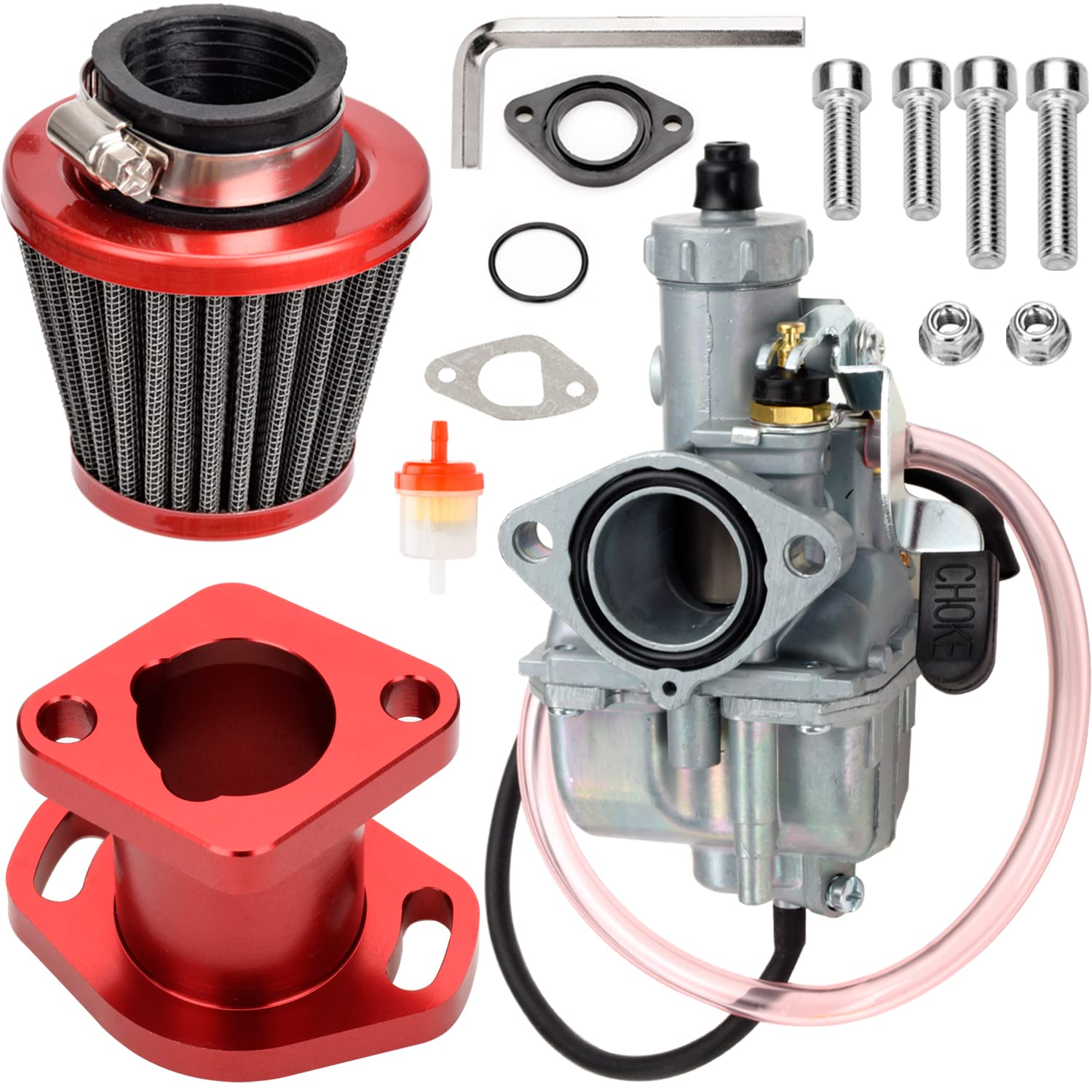 FVRITO Performance VM22 26mm Carburetor Carb for Predator 212cc 196cc Coleman CT200U BT200X Mini Bike KT196 Go Kart GX160 GX200 6.5hp Clone Engine with 38mm Air Filter Intake Manifold Stage 1 Kit Red