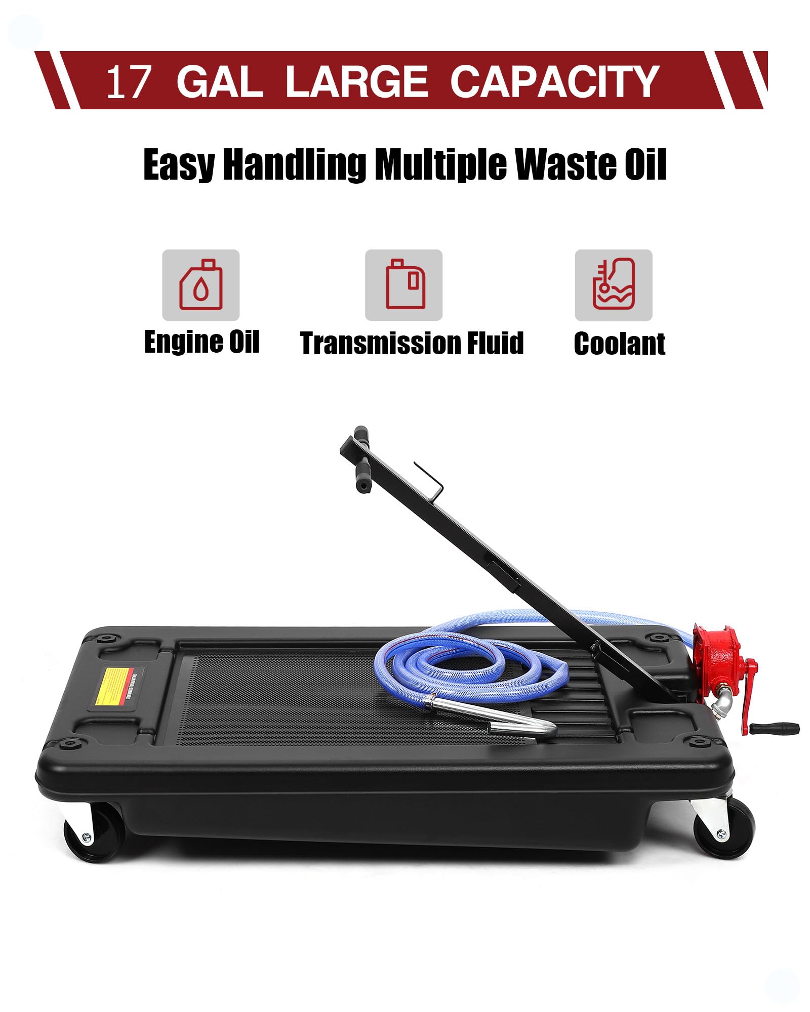 DEXSO 17 Gallon Oil Drain Pan with Pump & 8 Ft Hose, Low Profile & T Folding Handle Rolling Oil Drain Cart for Truck Cars SUVs