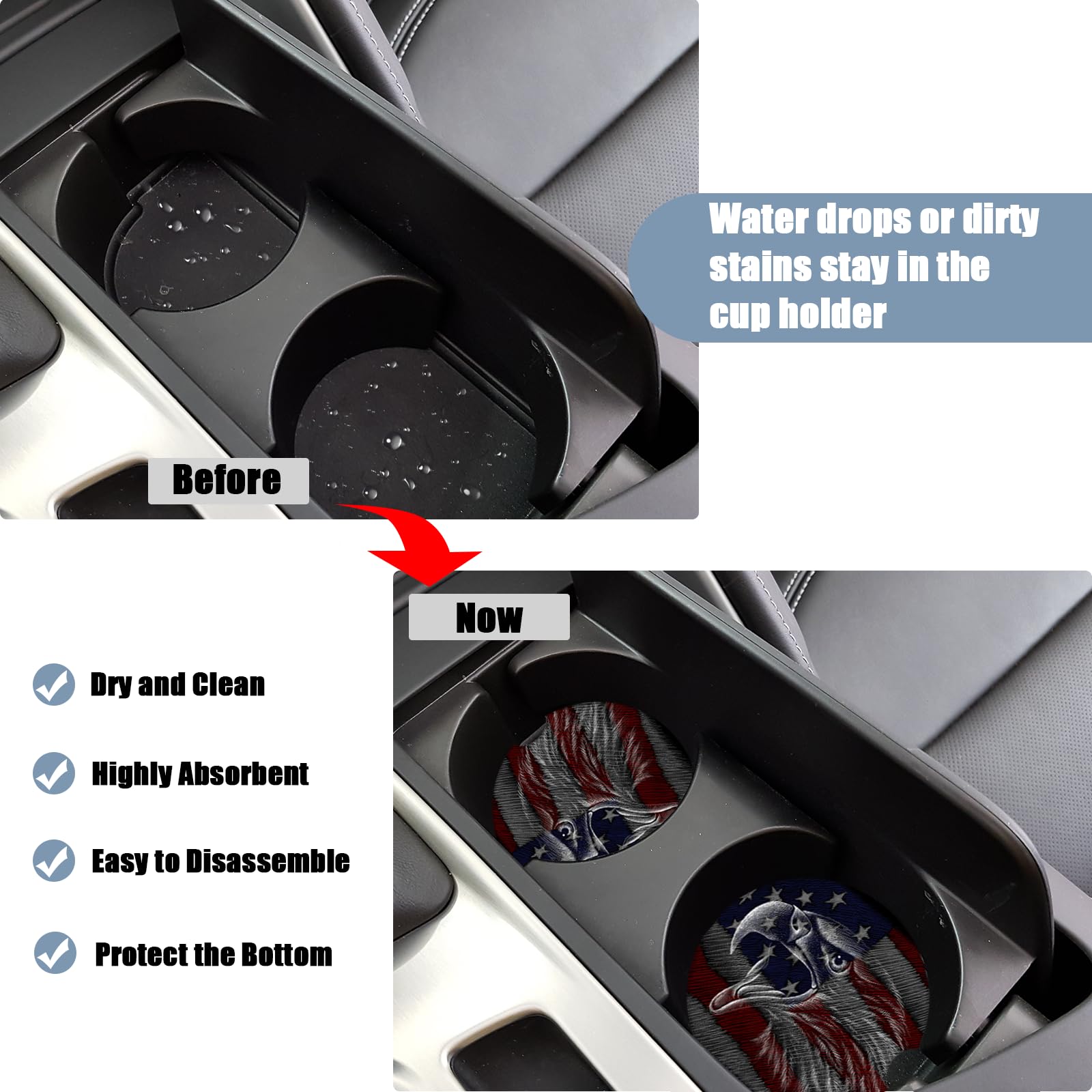 Car Cup Holder Coaster - American Flag Eagle Absorbent Ceramic Coaster, Car Coasters for Cup Holders, Auto Accessories for Women