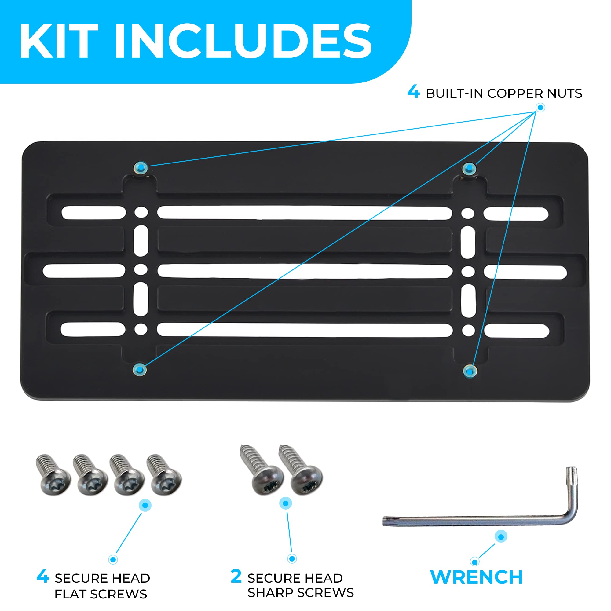 Front Bumper License Plate Bracket For Hyundai , Plate Holder Set W 6 Unique Screw Bolts & Wrench Kit, License Tag Mounting Kit,