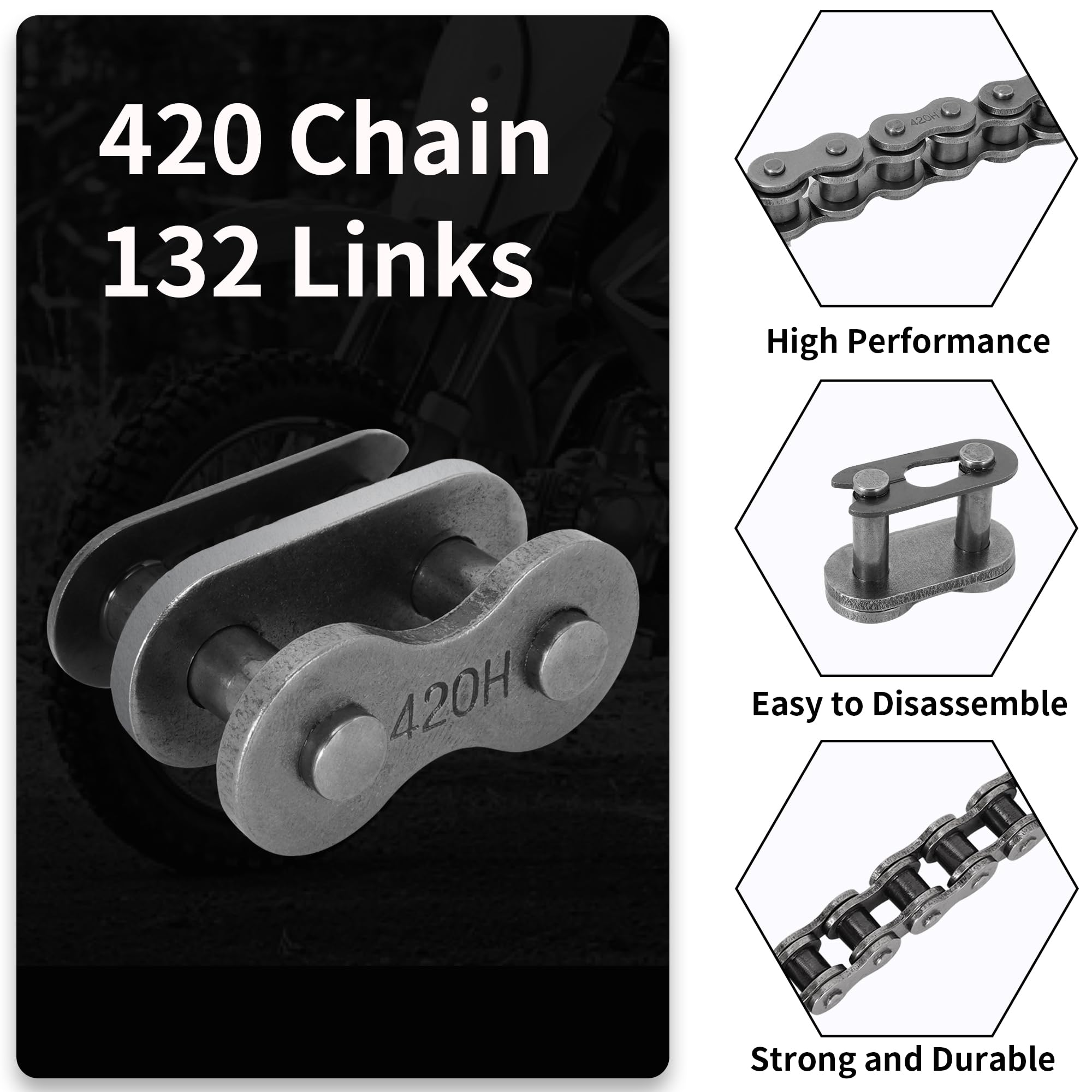 RUTU 420H Heavy Duty Roller Chain, 132 Links for 50-125cc Dirt Bikes, ATVs, Go Karts, Scooters & Motorcycles with Chain Breaker
