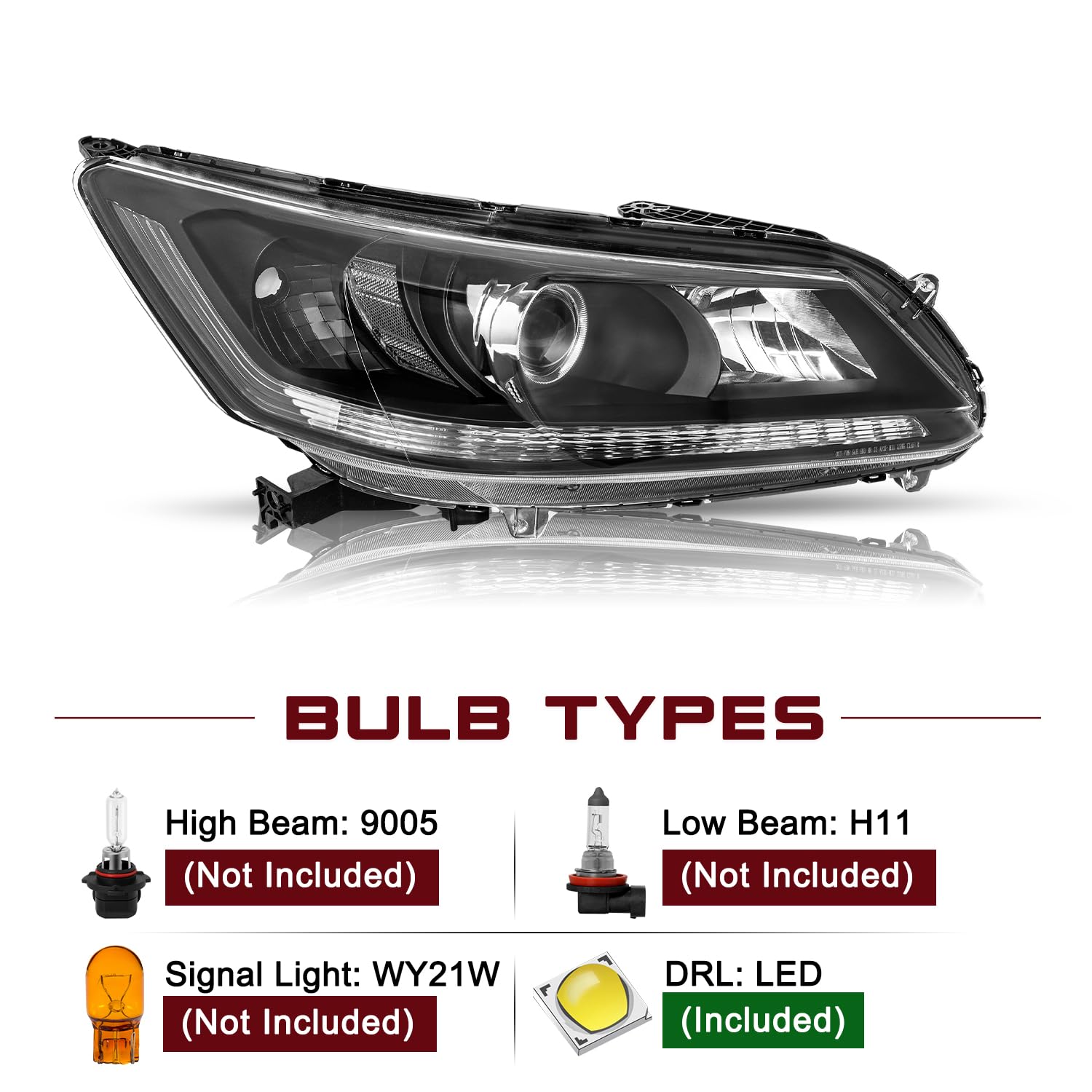 Jsboyat Headlight Assembly W/Led Drl For 2013 2014 2015 Honda Accord Sedan 4-Door Halogen Model Projector Headlamp Replacement Set Black Housing With Clear Reflector Right Passenger& Left Driver Side
