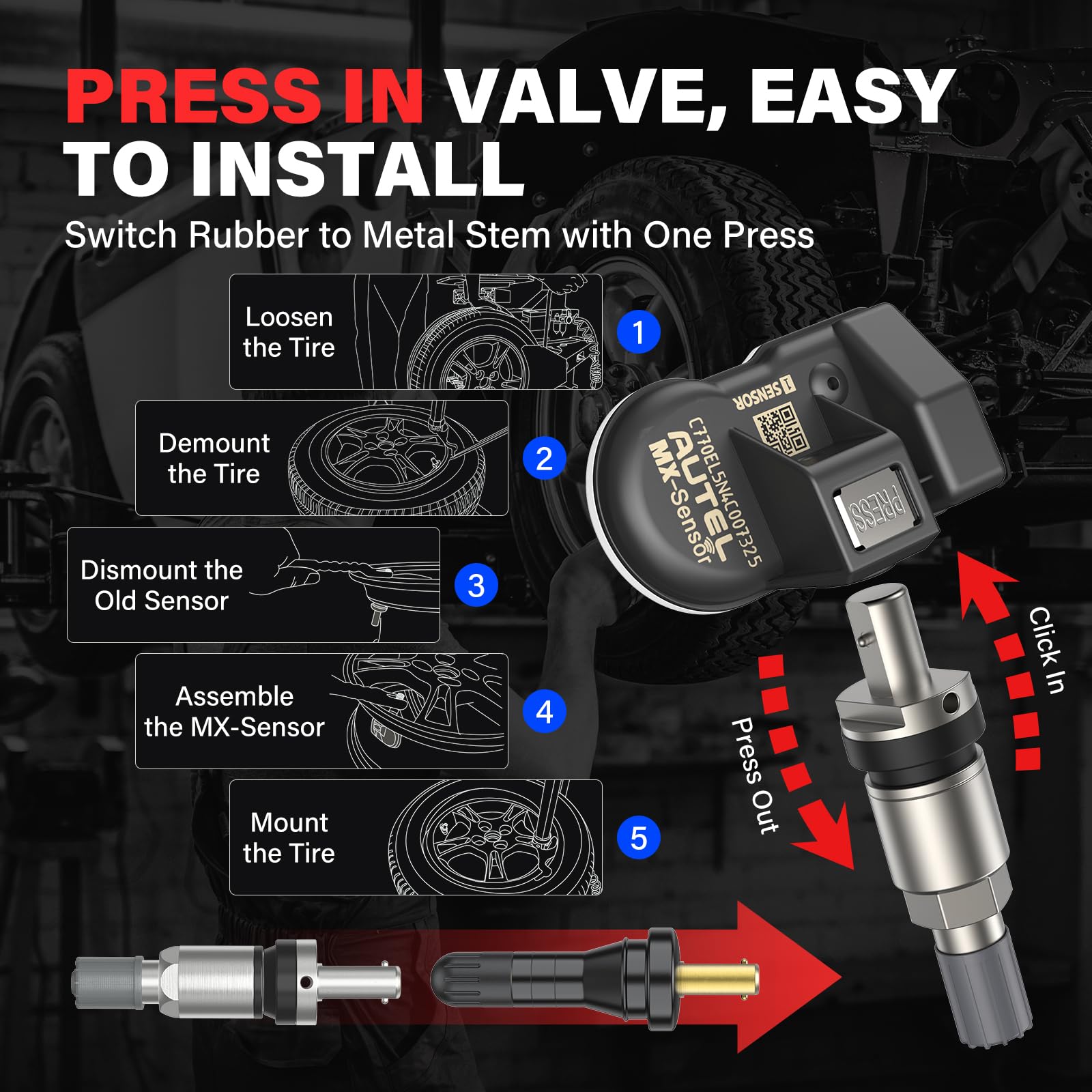 Autel TPMS Sensor Set of 4, 2in 1MX-Sensor 315MHz + 433MHz Dual Frequency, 100% Programmable Replace OEM Sensor, Work with Autel TPMS Tool TS408S TS501 TS508WF TS601 (Press-in, Metal Valve)