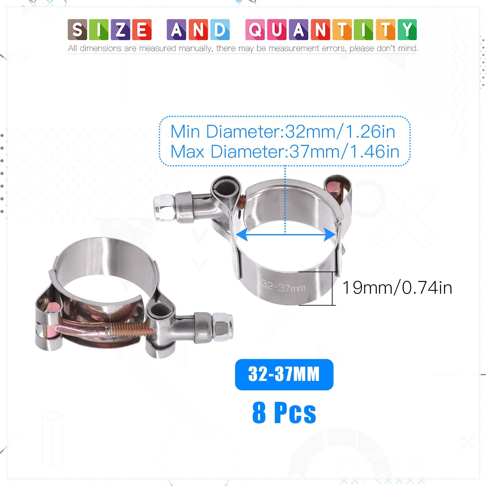 Glarks 8Pcs 32-37Mm Stainless Steel T-Bolt Hose Clamps Turbo Intake Soft Hose Intercooler Clamps