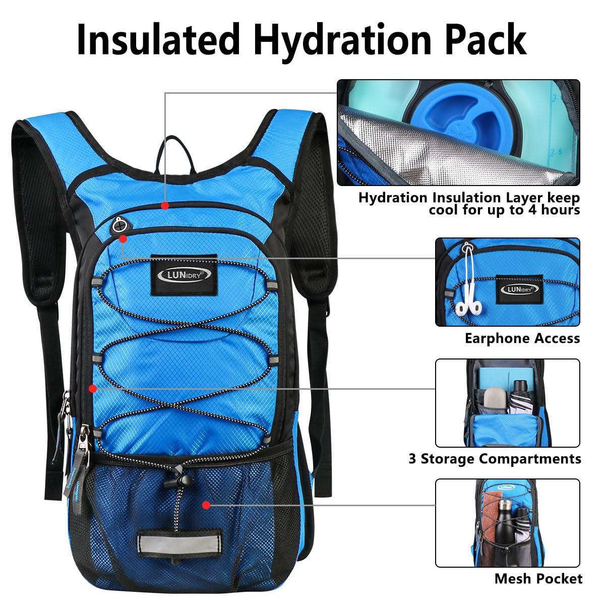 Lunidry Insulated Hydration Pack Backpack With 3L Bpa Free Leak-Proof Water Bladder, Keep Liquids Cool For Up To 5 Hours, Daypack For Hiking, Running, Cycling, Hunting, Climbing