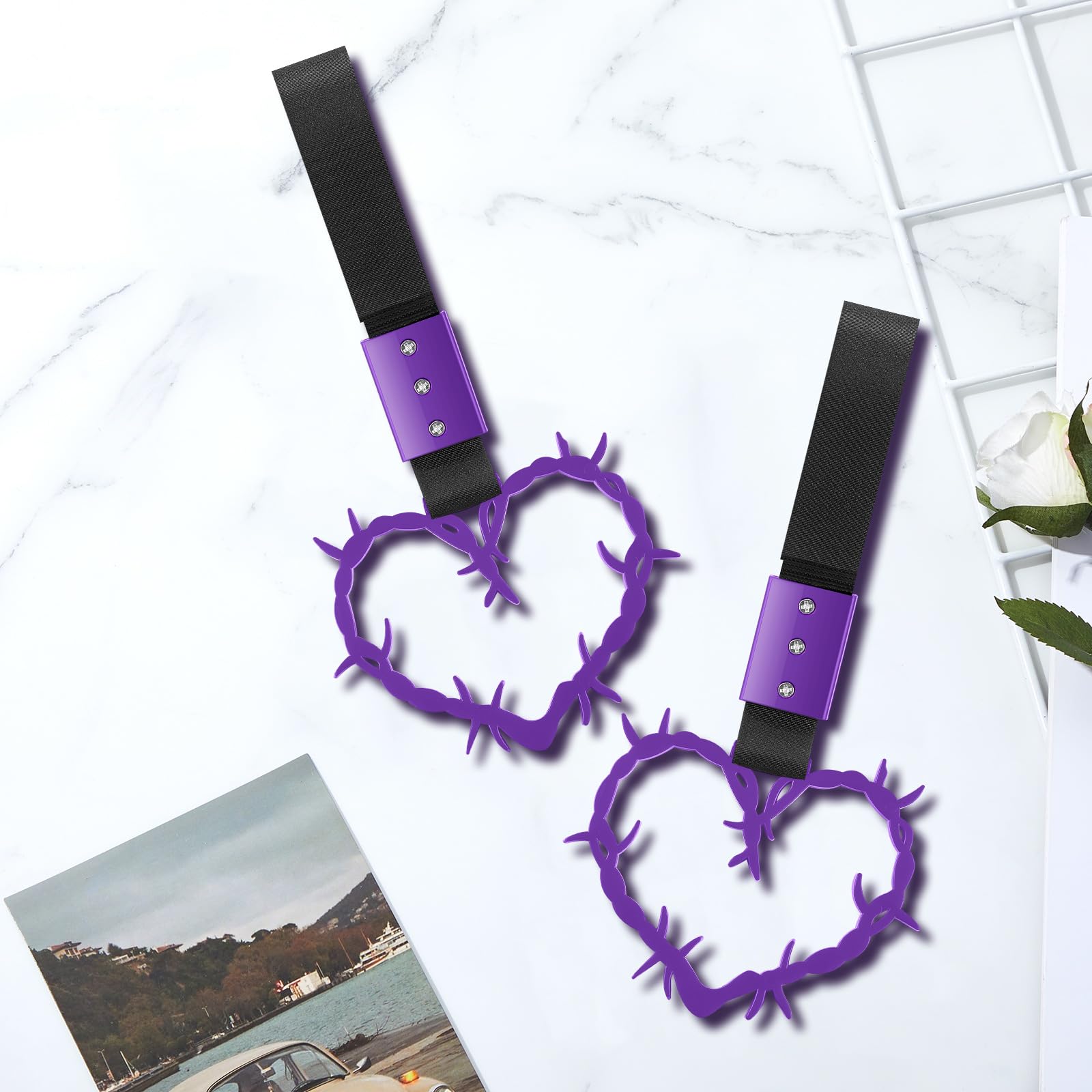 Fabbay 2 Pieces Heart Handle Keychains Car Accessory Heart Hand Strap Drift Charm For Car Interior Exterior Decoration(Purple,Th
