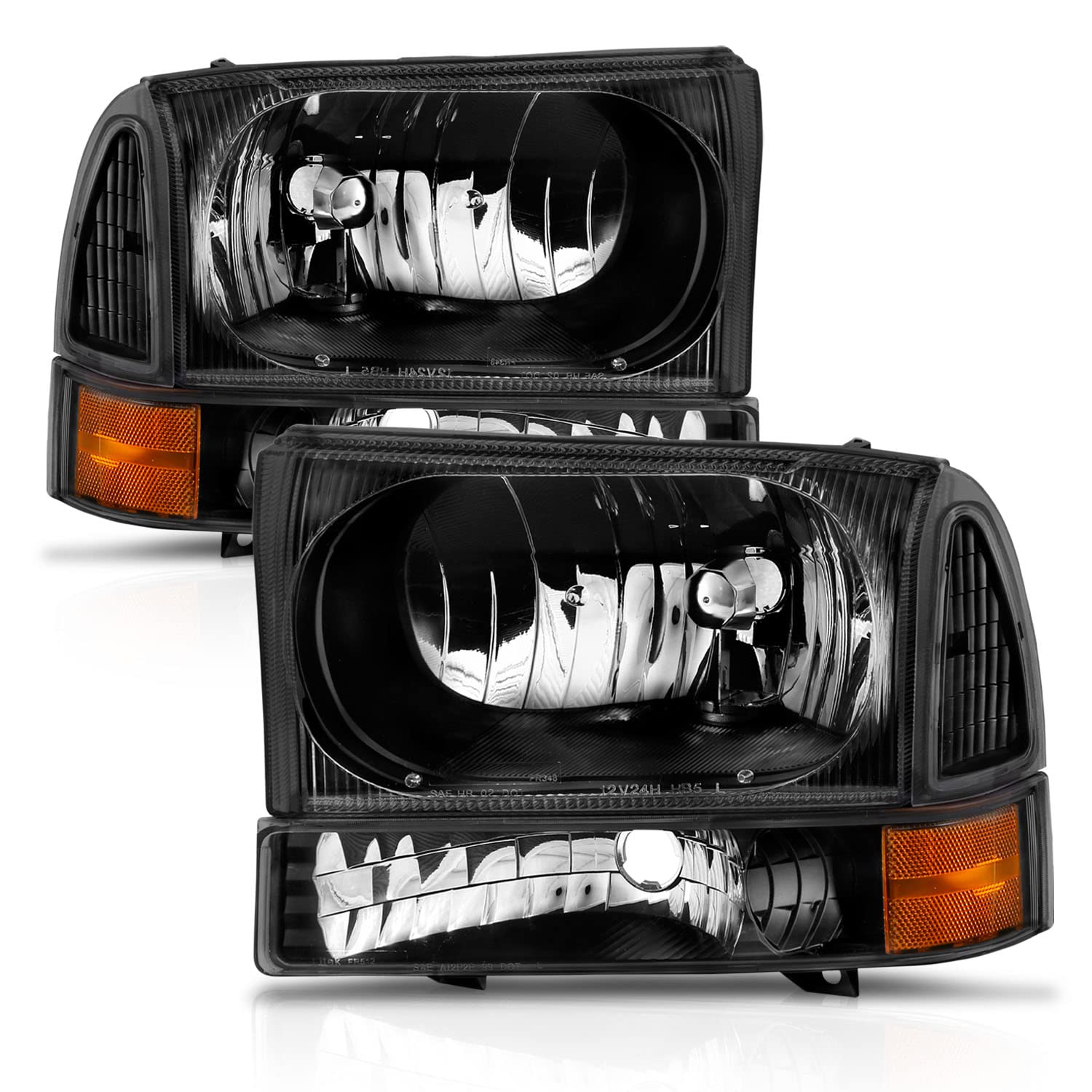 Amerilite For 1999-2004 Ford Super Duty F250 F350 F450 F550 | Excursion Black Factory Style Replacement Headlights W/Corner Bump