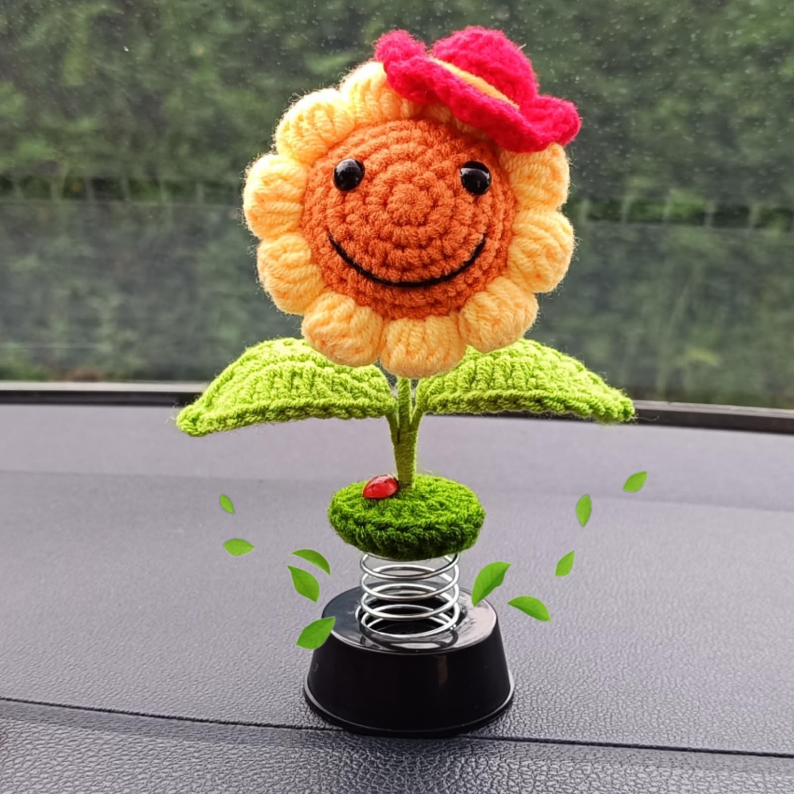 Levvohd Handmade Crochet Sunflower Car Dashboard Decorations Gifts For Women, Cute Sun Flower Hippie Car Bobblehead Dashboard De