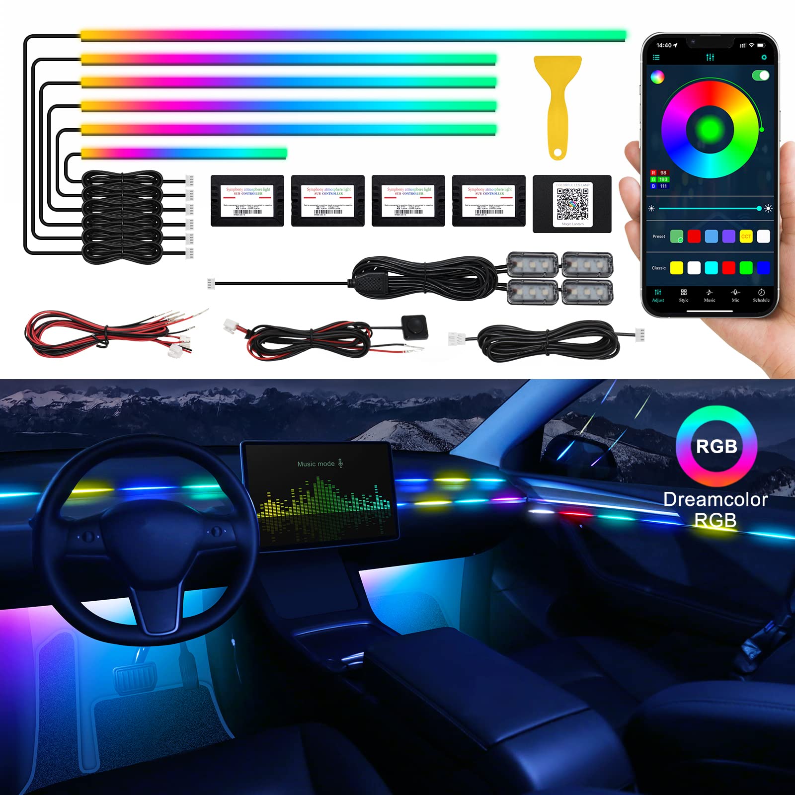 Dreamcolor Acrylic Interior Car Led Strip Light With Wireless App, Rgb 10 In 1 With 175 Inches 593 Leds Fiber Optic Ambient Ligh