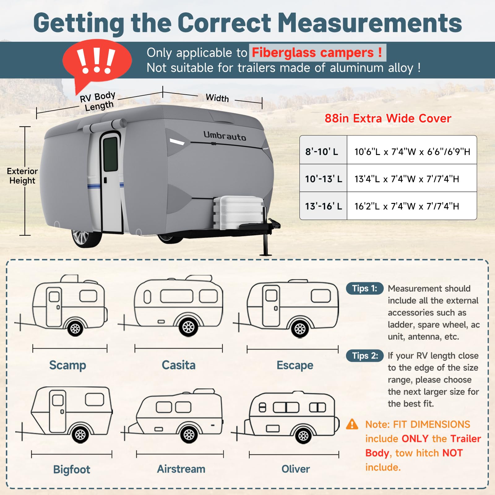Umbrauto Upgraded Fiberglass Travel Trailer Cover Fits 8'-10' Trailers, Windproof 7 Layers Top Camper Rv Cover With Windproof St