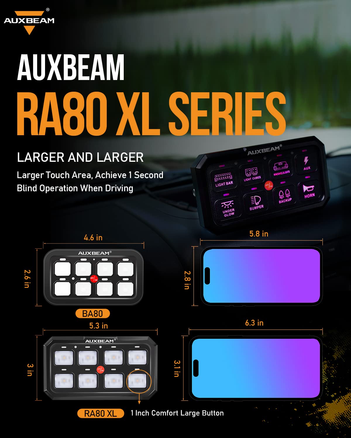 Auxbeam Switch Panel Rgb 5 Inch Large 8 Gang Switch Panel Ra80 Xl, Toggle Momentary Pulsed 12V Switch Panel For Car Truck Suv Rv Camper Van Offroad Accessories Auxiliary Switch Panel, 2 Years Warranty