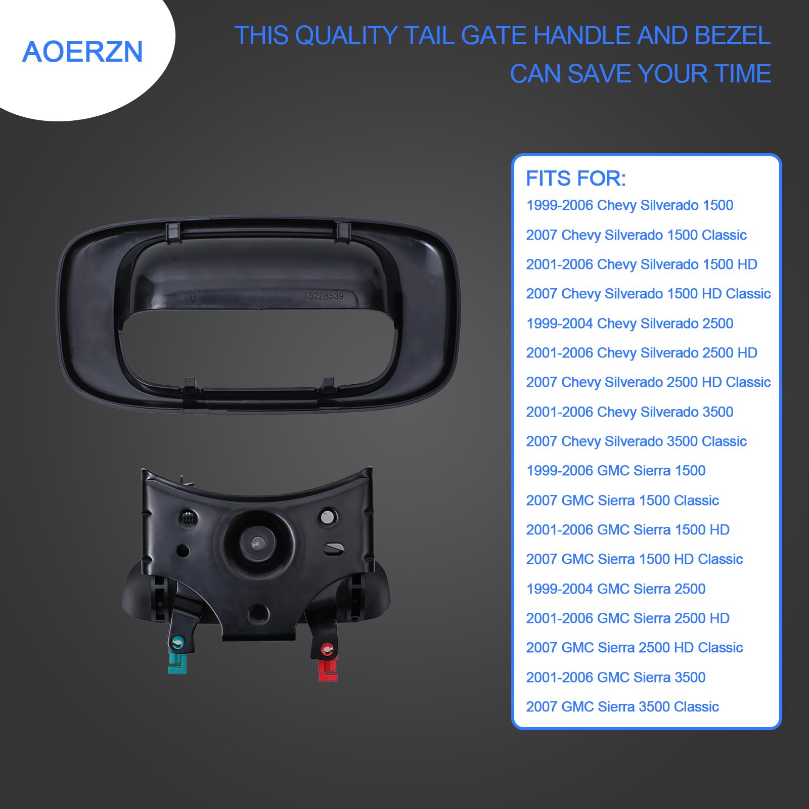 Aoerzn Premium Tailgate Handle Latch and Bezel Trim with Rod Clips, Fits for 1999-2007 Chevy Silverado GMC Sierra 1500 2500 3500