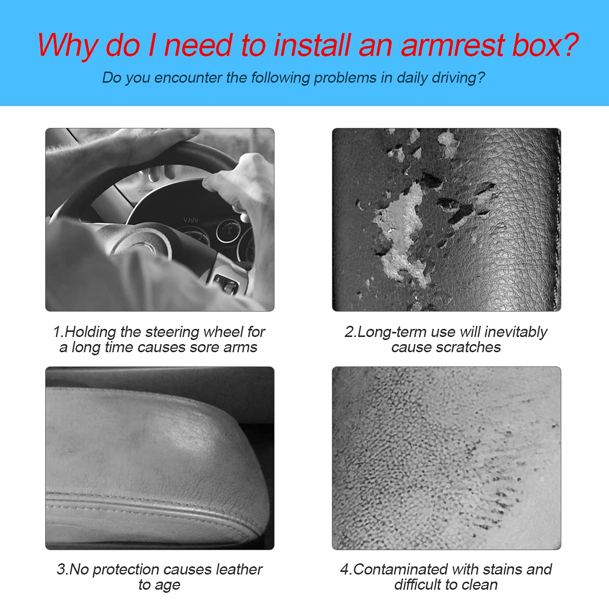 8Sanlione Car Leather Center Console Cushion Pad, 11.4''X7.4'' Waterproof Armrest Seat Box Cover Fit For Cars, Vehicles, Suvs, C