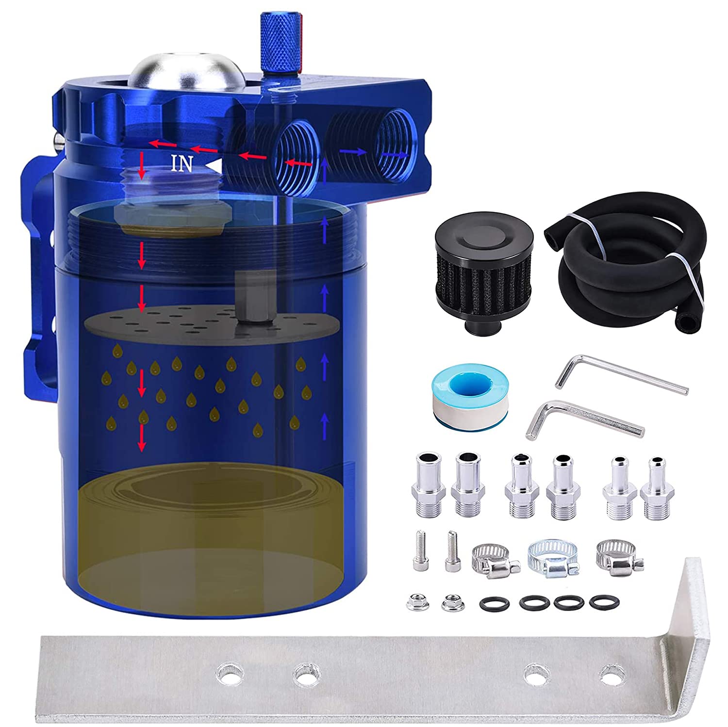Speedwow Universal Oil Catch Can Kit With Low Micron Bronze Filter & Larger Removable Baffle,Oil Capture Tank Air Tank With 3/8' Fuel Line, 300Ml (Blue)