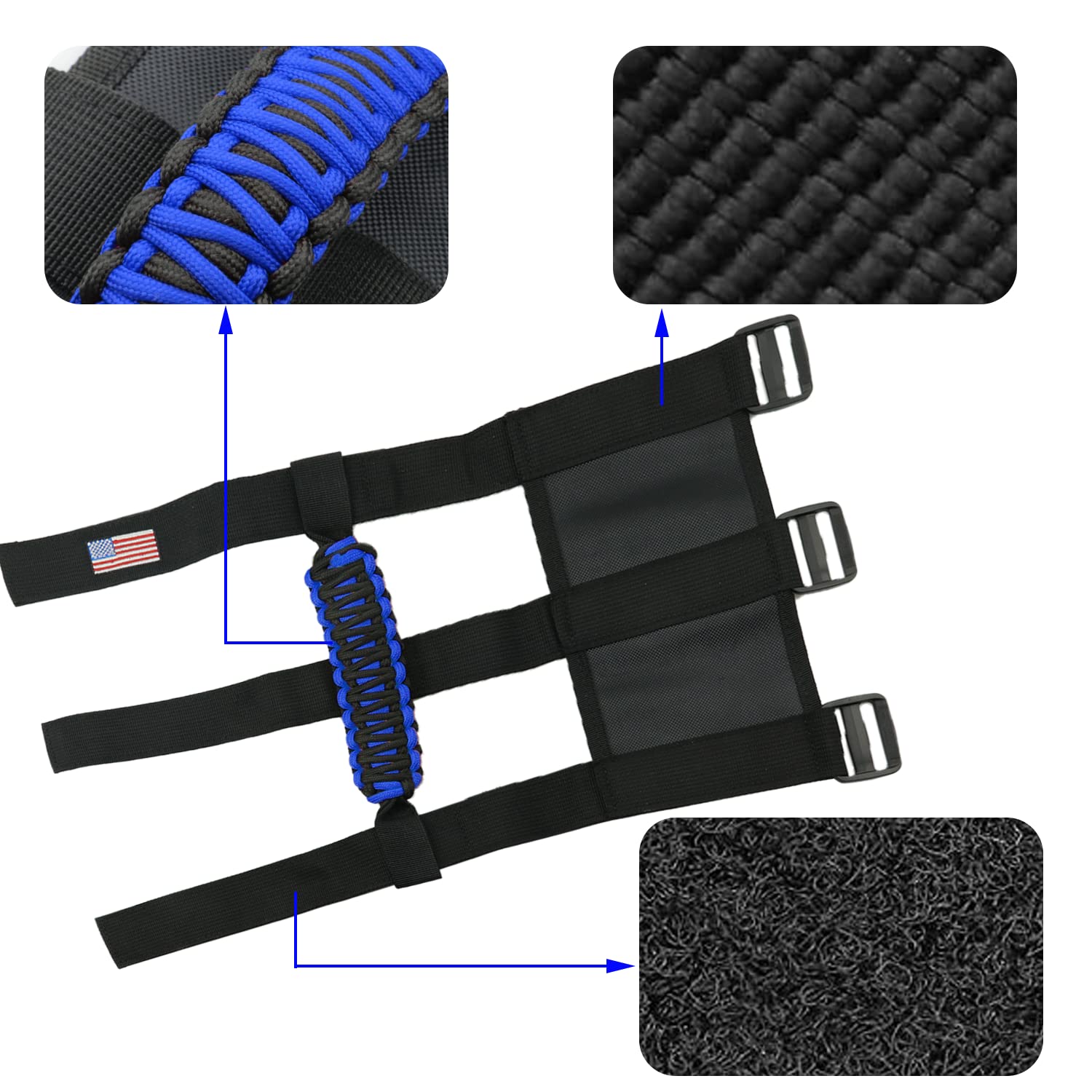 Kohuipu Roll Bar Grab Handles With Us Flag, Paracord Grip Handle For Jeep Wrangler Jk Jku Jl Jlu Tj Cj Yj & Gladiator Jt, Blue