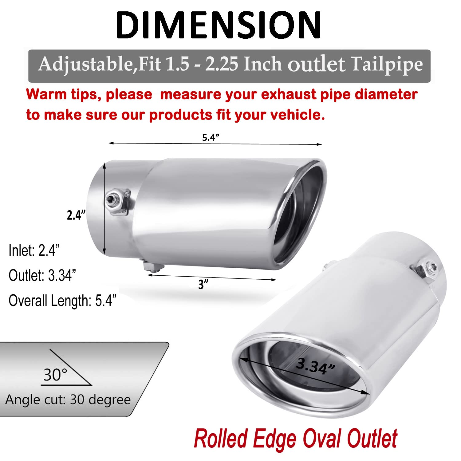 Dsycar Universal Stainless Steel 1.5 - 2.25 Inlet Exhaust Tips, Fit Pipes Diameter 1.5-2.25 inch, Adjustable Car Decoration