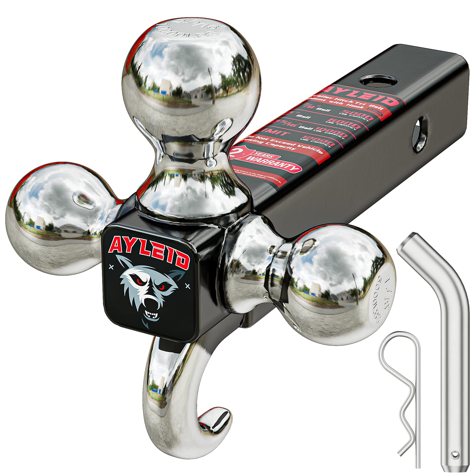 Ayleid Trailer Hitch Tri-Ball Mount With Hook & Pin Balls Sized 1-7/8, 2 & 2-5/16 Inches, Tow Hitch, Silver